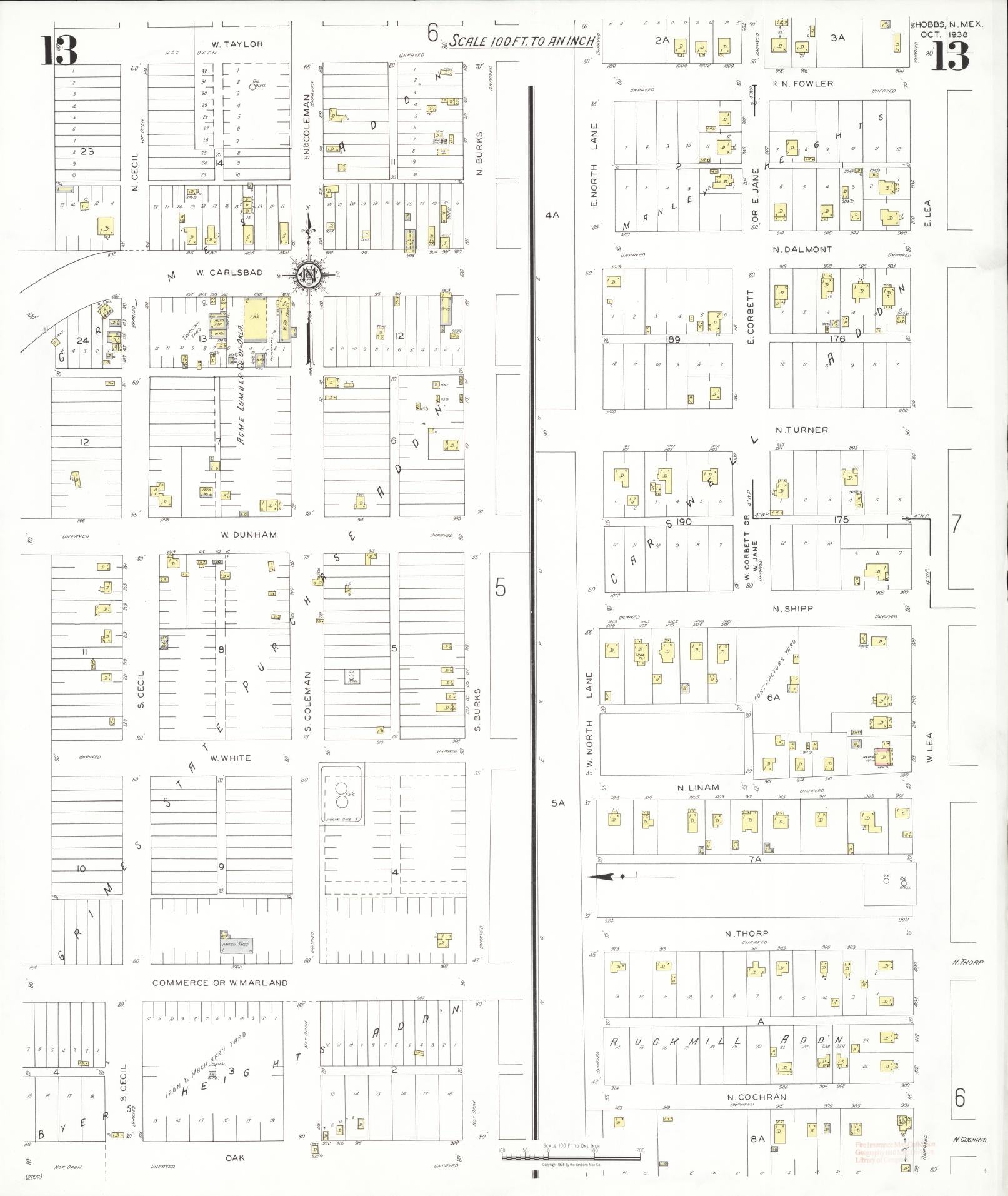 Sanborn Fire Insurance Map from Hobbs, Lea County, New Mexico (1938), Sheet #0013 - Historic Sanborn Fire Insurance Map Print, vintage old map wall art, antique decor, genealogy gift, New Mexico New Mexico map