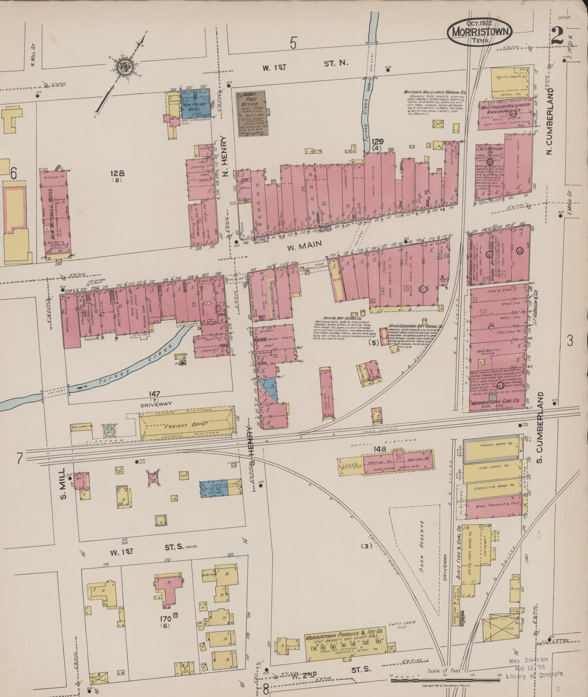 Sanborn Fire Insurance Map from Morristown, Hamblen County, Tennessee (1922), Sheet #0002 - Complete Map Set gallery image, historic Sanborn map, vintage wall art, Tennessee Tennessee