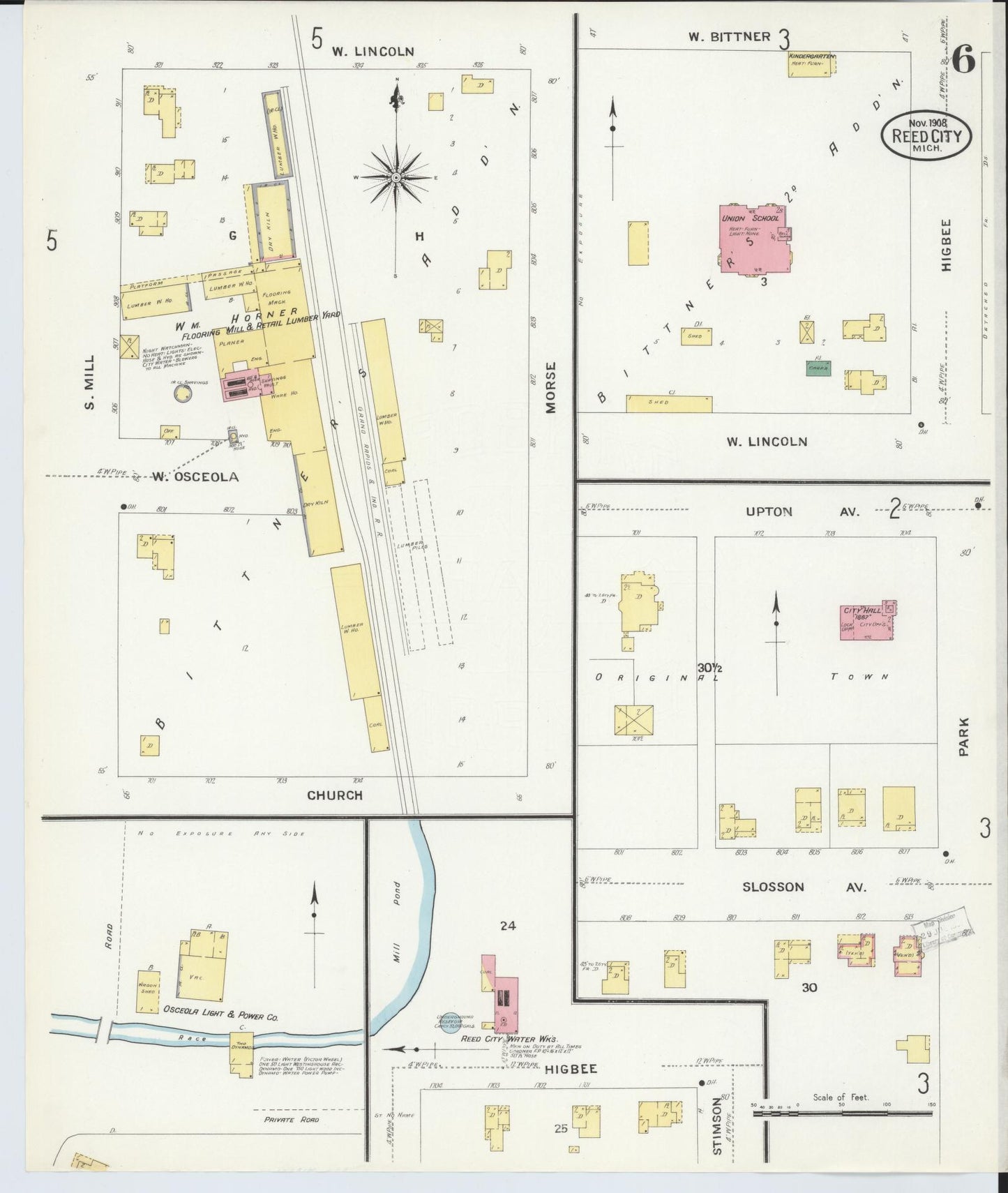 Sanborn Fire Insurance Map from Reed City, Osceola County, Michigan (1908), Sheet #0006 - Complete Map Set gallery image, historic Sanborn map, vintage wall art, Michigan Michigan
