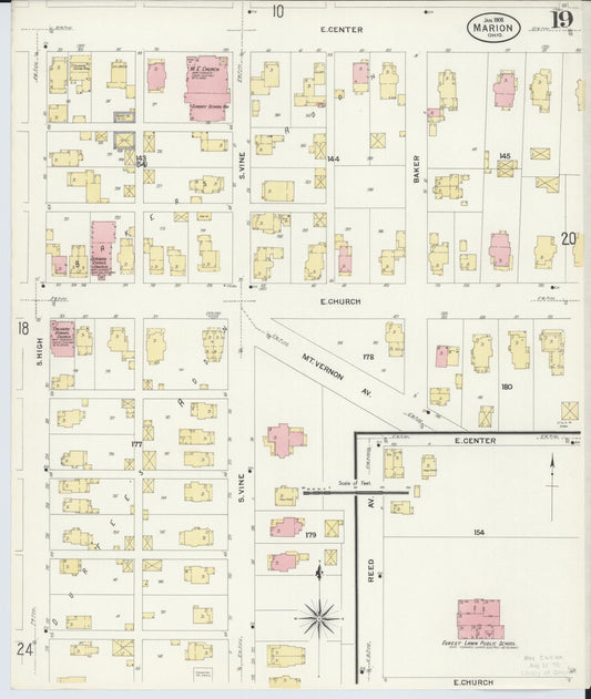 Sanborn Fire Insurance Map from Marion, Marion County, Ohio (1908), Sheet #0019 - Historic Sanborn Fire Insurance Map Print, vintage old map wall art, antique decor, genealogy gift, Ohio Ohio map