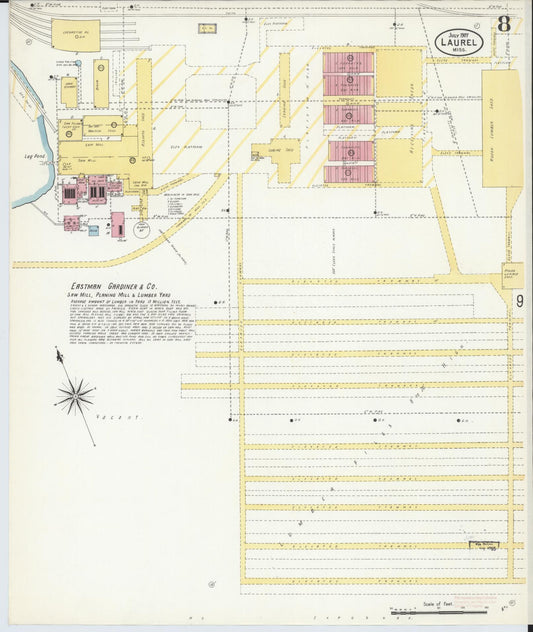 Sanborn Fire Insurance Map from Laurel, Jones County, Mississippi (1907), Sheet #0008 - Historic Sanborn Fire Insurance Map Print, vintage old map wall art, antique decor, genealogy gift, Mississippi Mississippi map