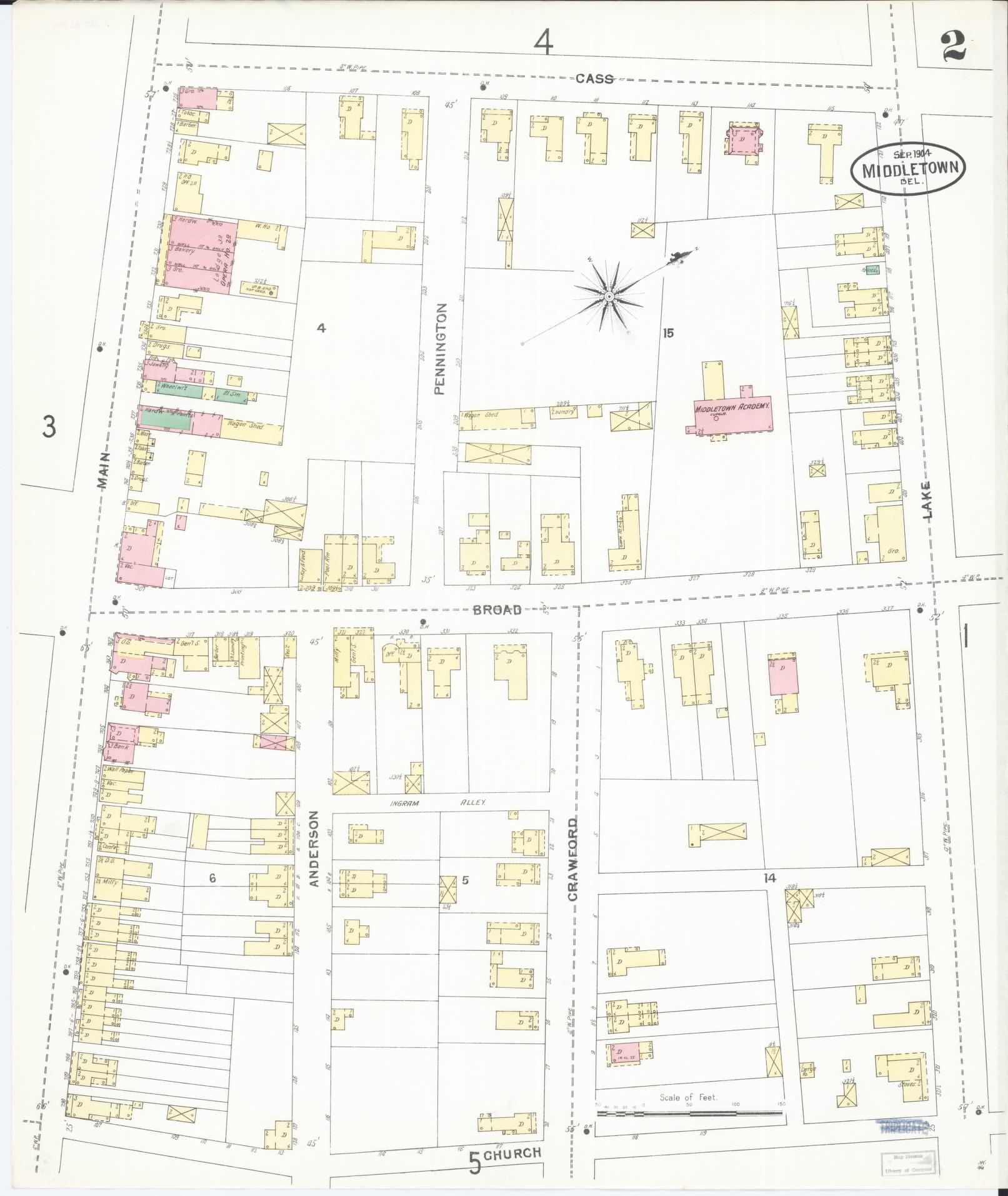 Sanborn Fire Insurance Map from Middletown, New Castle County, Delaware (1904), Sheet #0002 - Complete Map Set gallery image, historic Sanborn map, vintage wall art, Delaware Delaware