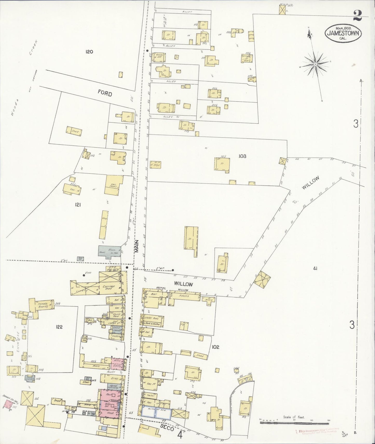 Sanborn Fire Insurance Map from Jamestown, Tuolumne County, California (1908), Sheet #0002 - Complete Map Set gallery image, historic Sanborn map, vintage wall art, California California
