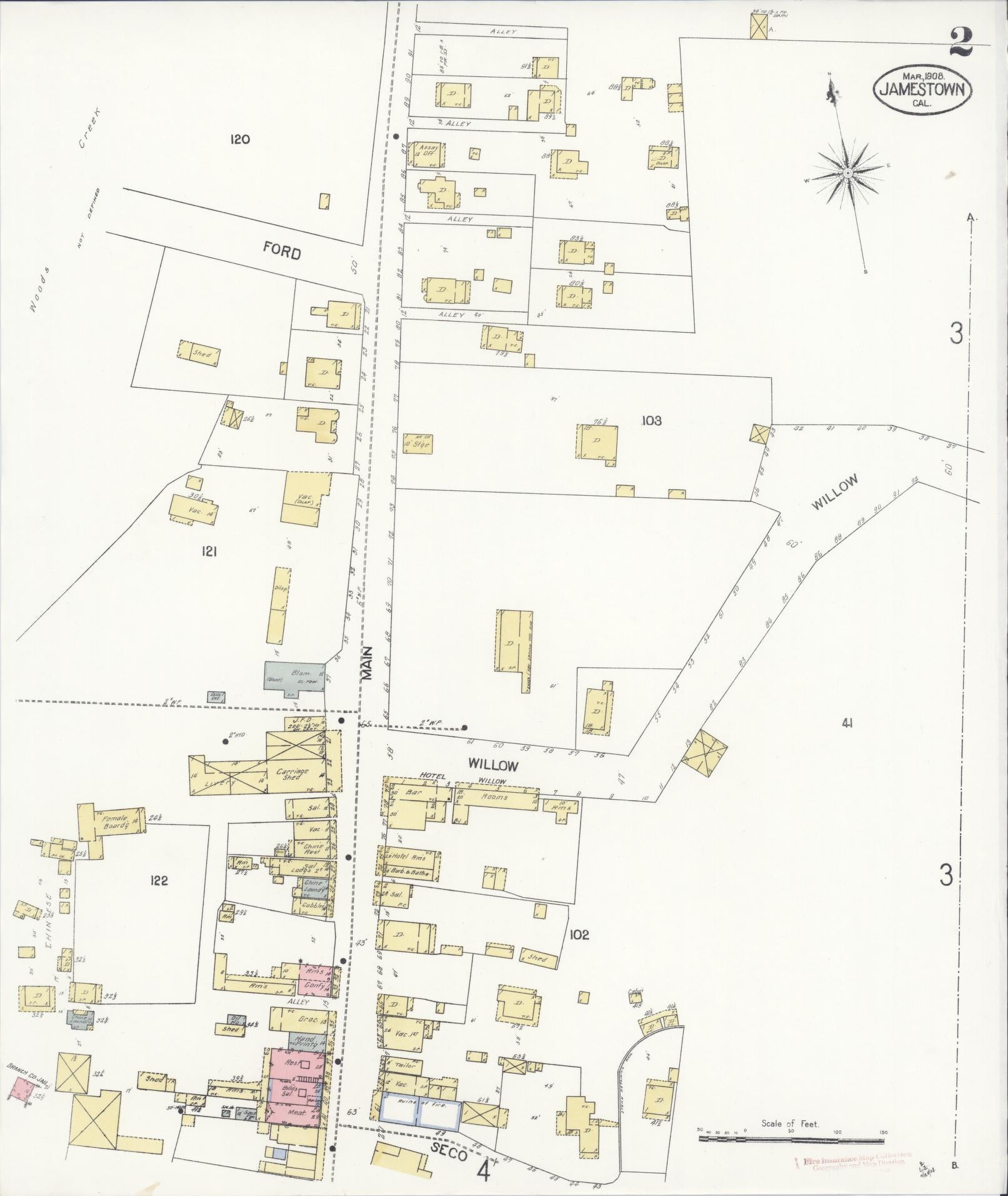 Sanborn Fire Insurance Map from Jamestown, Tuolumne County, California (1908), Sheet #0002 - Complete Map Set gallery image, historic Sanborn map, vintage wall art, California California