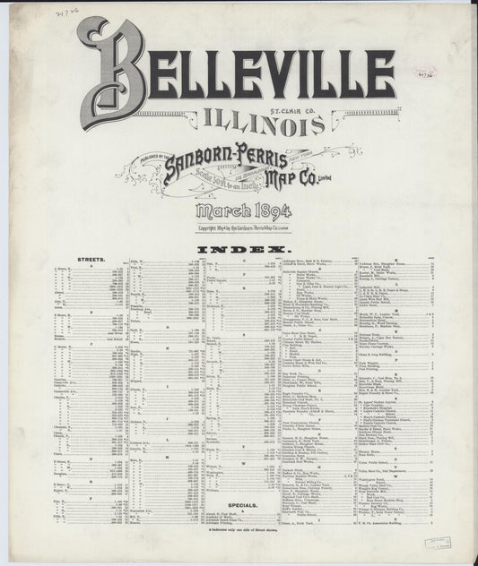 Sanborn Fire Insurance Map from Belleville, Saint Clair County, Illinois (1894), Sheet #0001 - Historic Sanborn Fire Insurance Map Print, vintage old map wall art, antique decor, genealogy gift, Illinois Illinois map