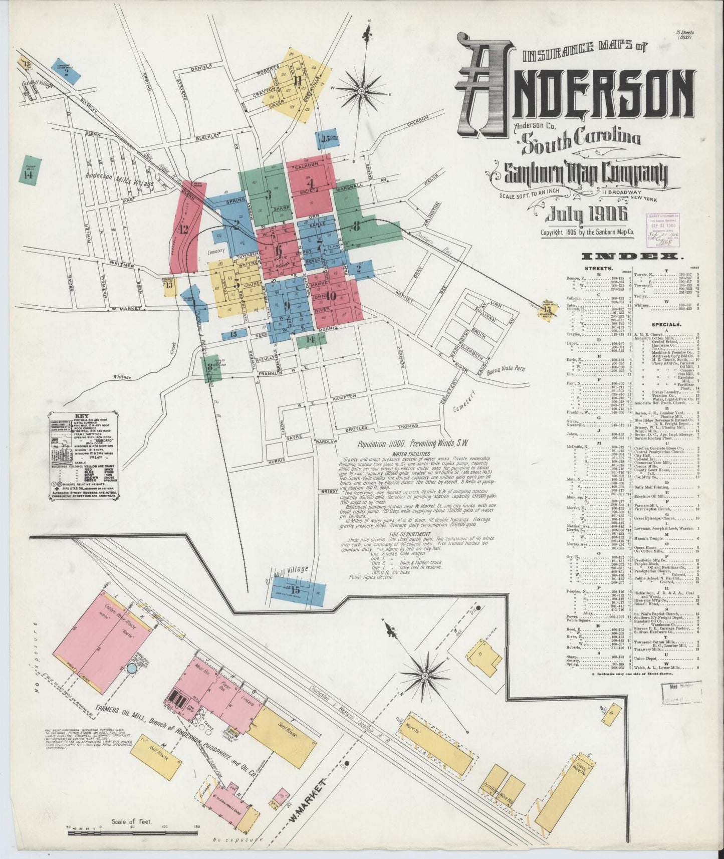 Sanborn Fire Insurance Map from Anderson, Anderson County, South Carolina (1906), Sheet #0001 - Complete Map Set gallery image, historic Sanborn map, vintage wall art, South Carolina South Carolina