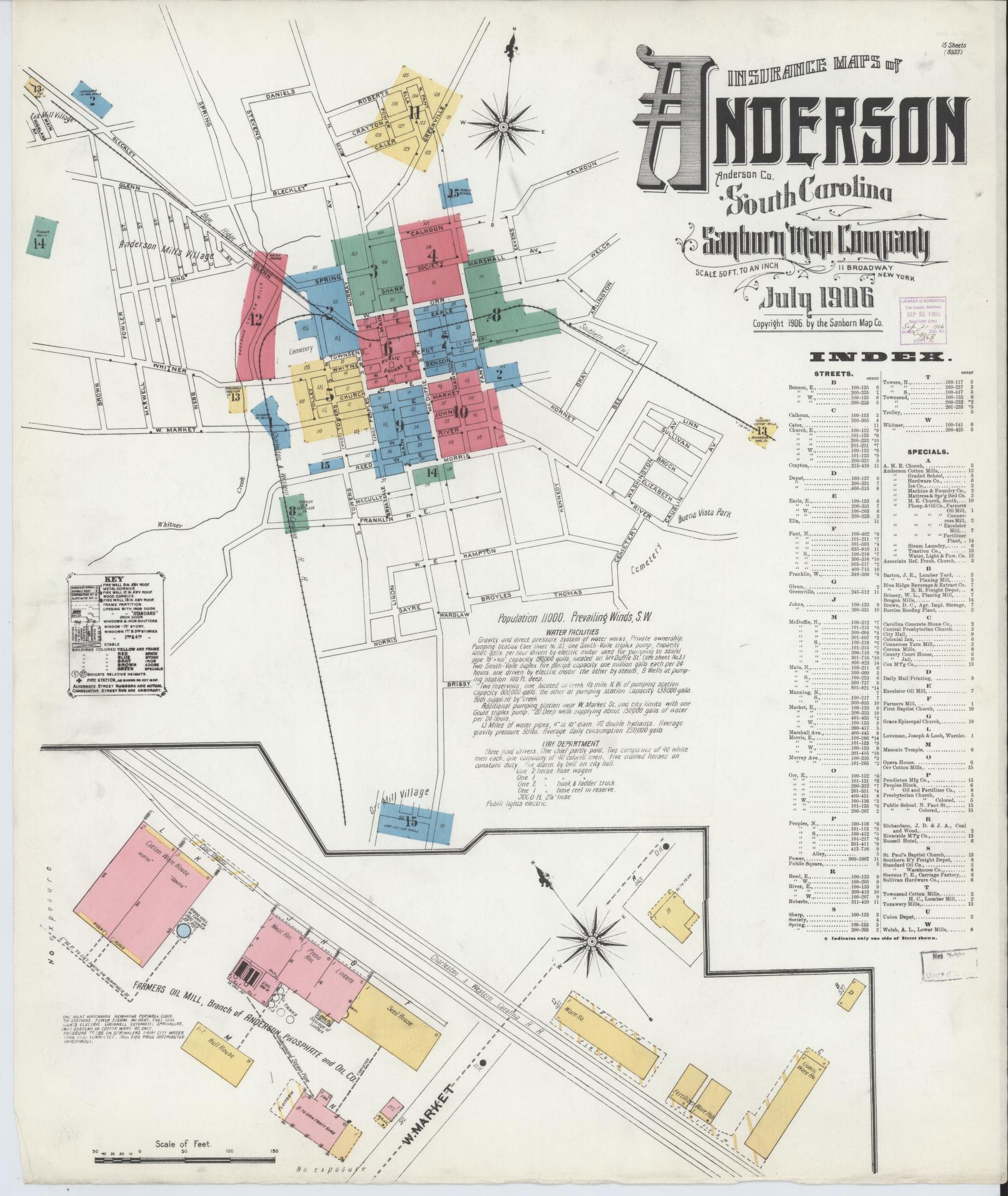 Sanborn Fire Insurance Map from Anderson, Anderson County, South Carolina (1906), Sheet #0001 - Complete Map Set gallery image, historic Sanborn map, vintage wall art, South Carolina South Carolina