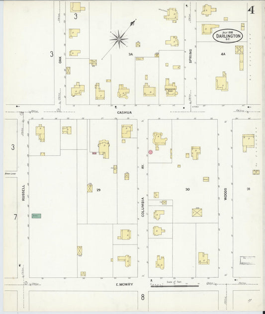Sanborn Fire Insurance Map from Darlington, Darlington County, South Carolina (1908), Sheet #0004 - Historic Sanborn Fire Insurance Map Print, vintage old map wall art, antique decor, genealogy gift, South Carolina South Carolina map