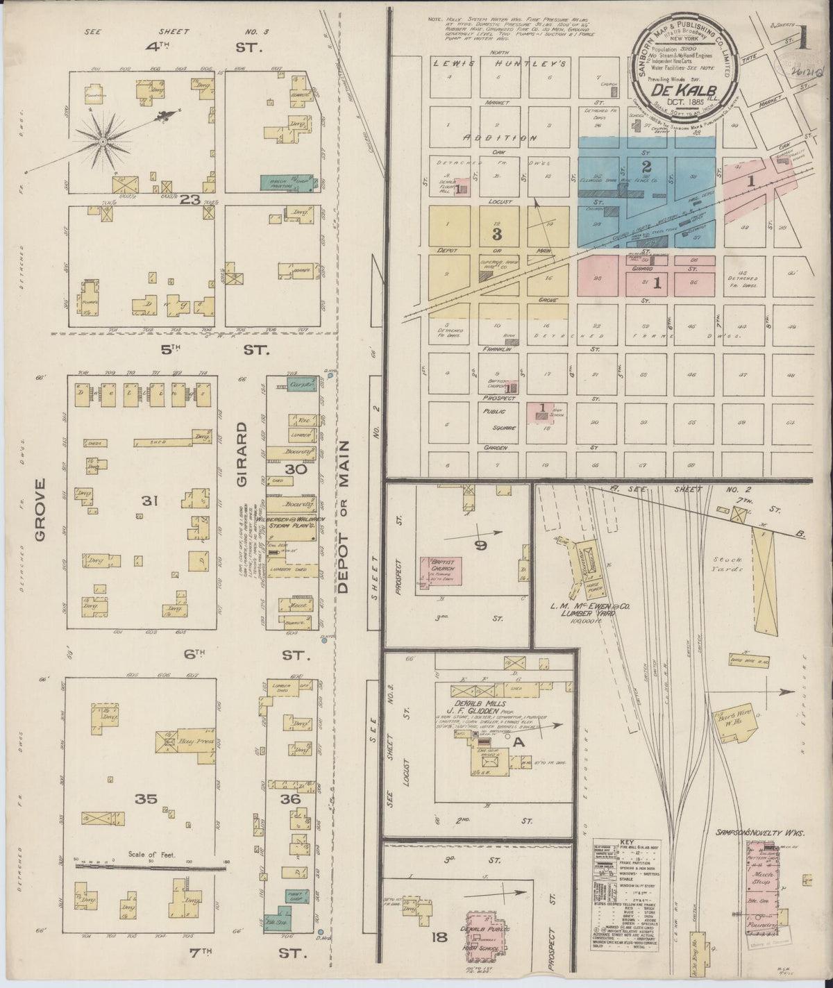 Sanborn Fire Insurance Map from De Kalb, De Kalb County, Illinois (1885), Sheet #0001 - Complete Map Set gallery image, historic Sanborn map, vintage wall art, Illinois Illinois