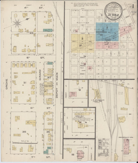 Sanborn Fire Insurance Map from De Kalb, De Kalb County, Illinois (1885), Sheet #0001 - Complete Map Set gallery image, historic Sanborn map, vintage wall art, Illinois Illinois