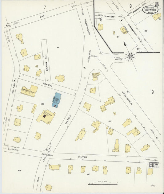 Sanborn Fire Insurance Map from Norwood, Norfolk County, Massachusetts (1909), Sheet #0008 - Historic Sanborn Fire Insurance Map Print, vintage old map wall art, antique decor, genealogy gift, Massachusetts Massachusetts map