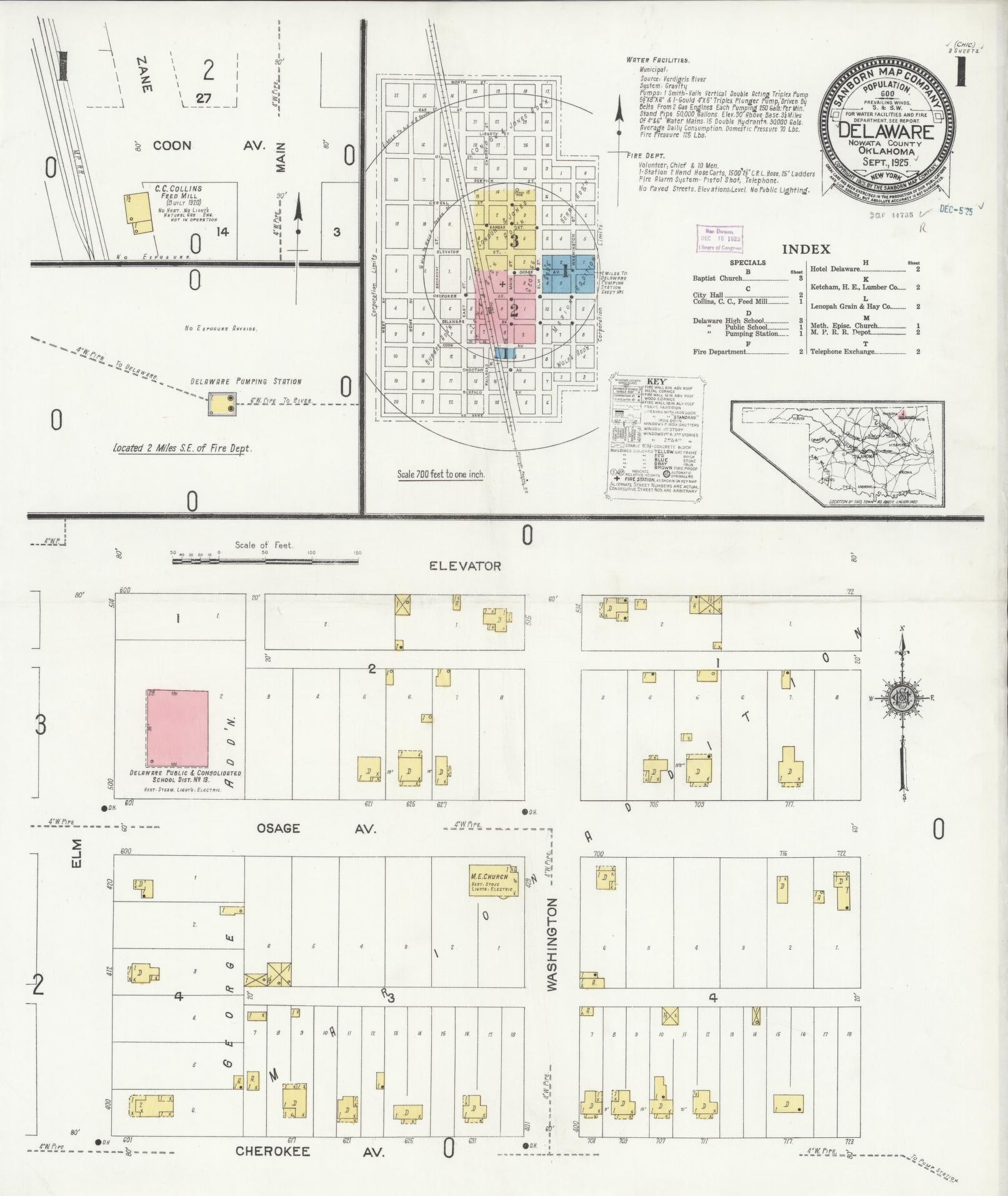 Sanborn Fire Insurance Map from Delaware, Nowata County, Oklahoma (1925), Sheet #0001 - Complete Map Set gallery image, historic Sanborn map, vintage wall art, Oklahoma Oklahoma