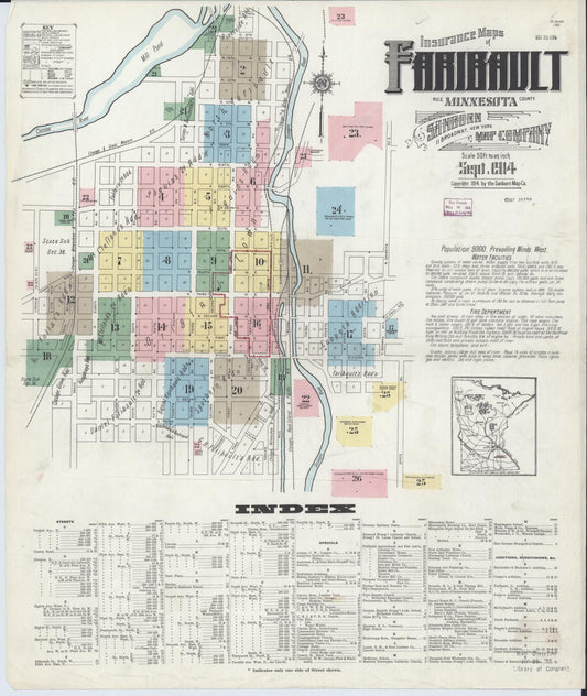 Sanborn Fire Insurance Map from Faribault, Rice County, Minnesota (1914), Sheet #0001 - Historic Sanborn Fire Insurance Map Print, vintage old map wall art, antique decor, genealogy gift, Minnesota Minnesota map