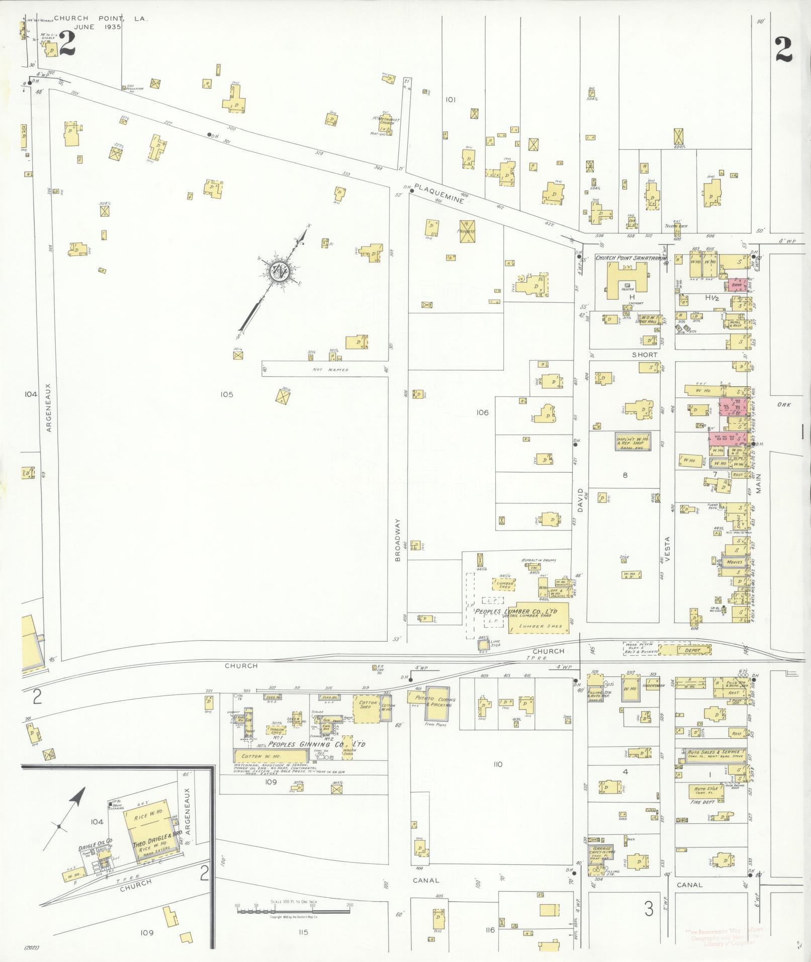 Sanborn Fire Insurance Map from Church Point, Acadia Parish, Louisiana (1935), Sheet #0002 - Historic Sanborn Fire Insurance Map Print, vintage old map wall art, antique decor, genealogy gift, Louisiana Louisiana map