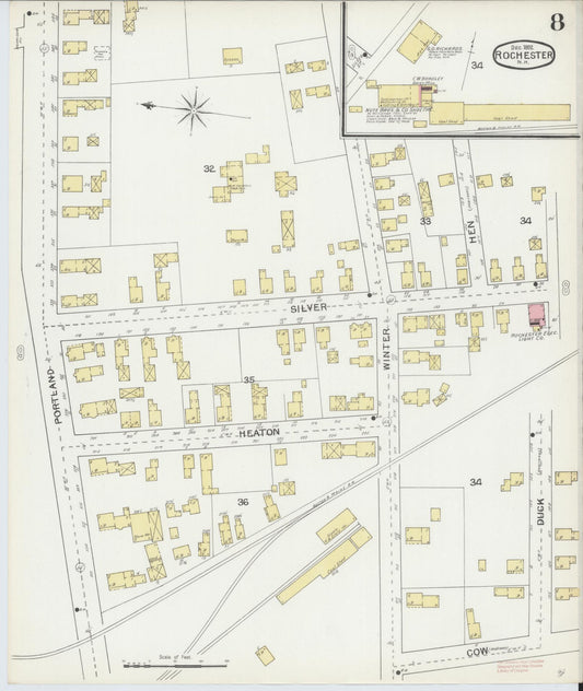 Sanborn Fire Insurance Map from Rochester, Strafford County, New Hampshire (1892), Sheet #0008 - Historic Sanborn Fire Insurance Map Print, vintage old map wall art, antique decor, genealogy gift, New Hampshire New Hampshire map