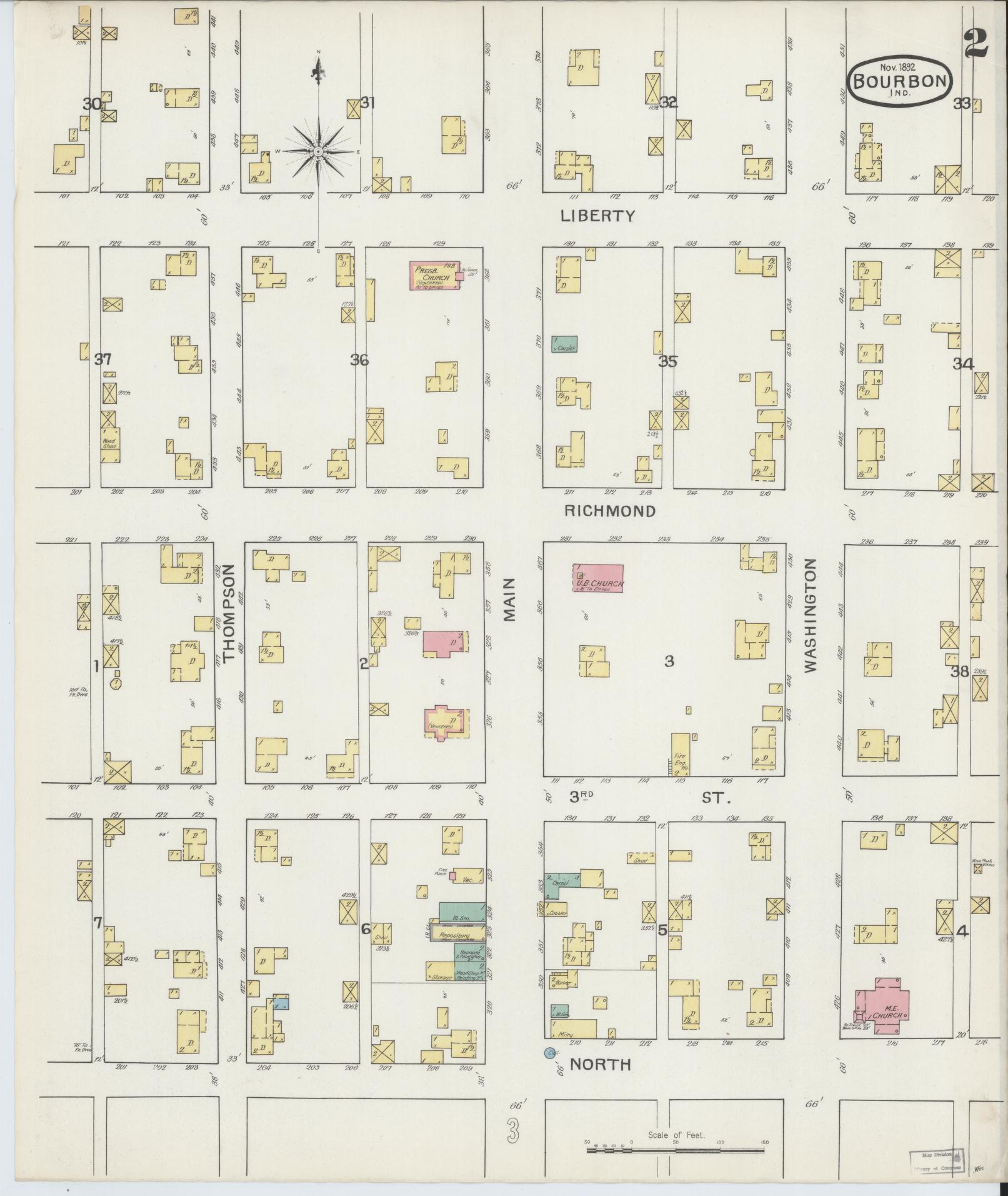 Sanborn Fire Insurance Map from Bourbon, Marshall County, Indiana (1892), Sheet #0002 - Complete Map Set gallery image, historic Sanborn map, vintage wall art, Indiana Indiana