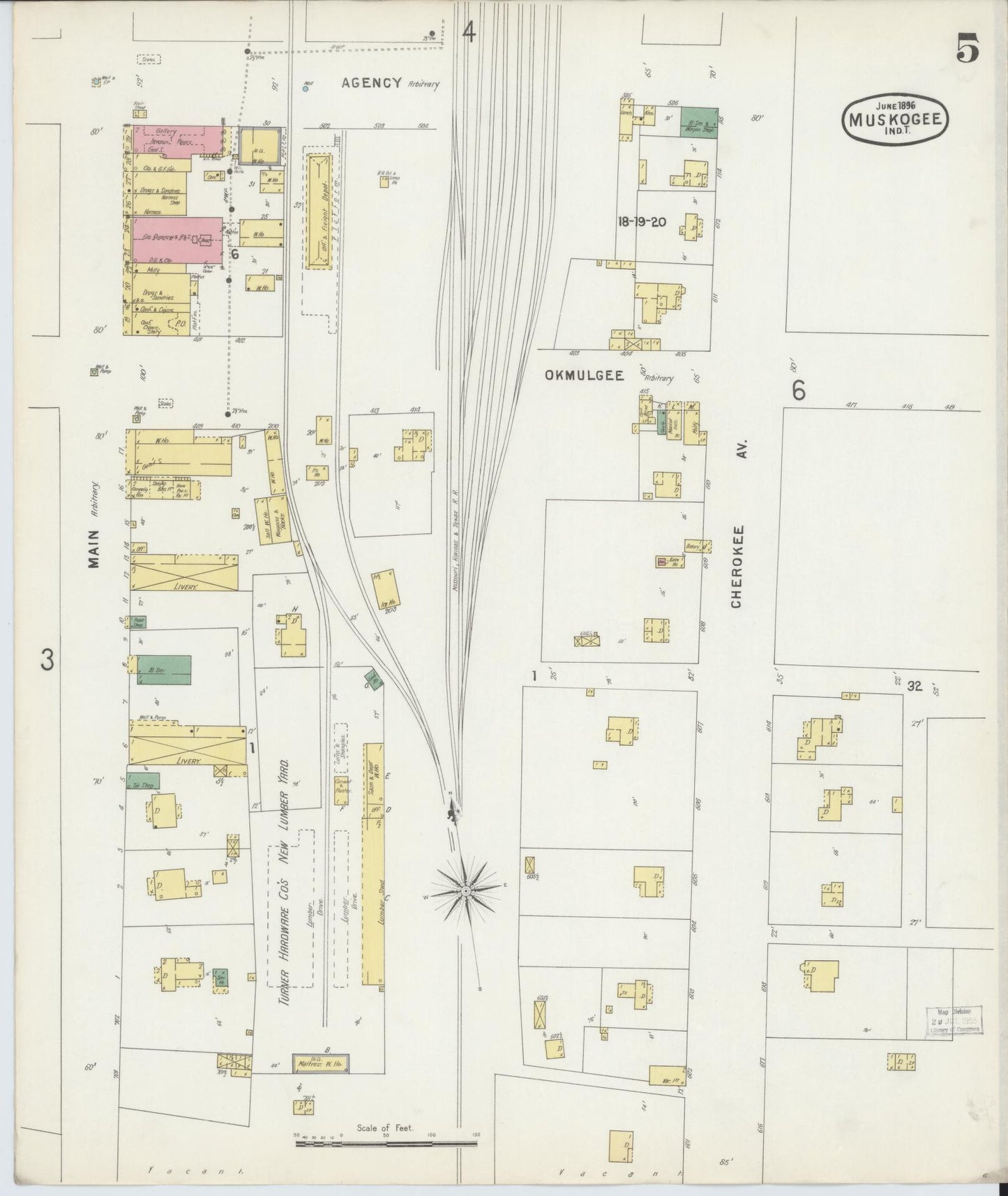 Sanborn Fire Insurance Map from Muskogee, Muskogee County, Oklahoma (1896), Sheet #0005 - Complete Map Set gallery image, historic Sanborn map, vintage wall art, Oklahoma Oklahoma