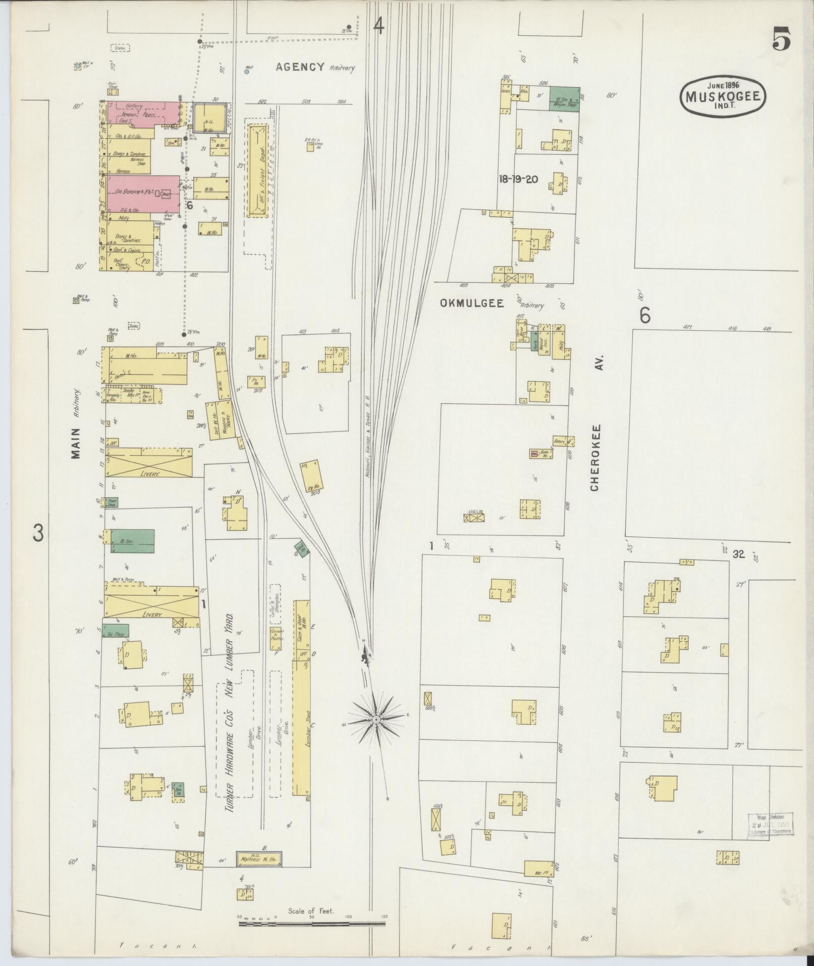 Sanborn Fire Insurance Map from Muskogee, Muskogee County, Oklahoma (1896), Sheet #0005 - Complete Map Set gallery image, historic Sanborn map, vintage wall art, Oklahoma Oklahoma