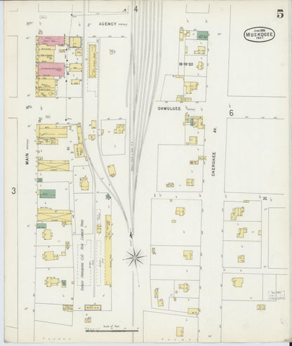 Sanborn Fire Insurance Map from Muskogee, Muskogee County, Oklahoma (1896), Sheet #0005 - Complete Map Set gallery image, historic Sanborn map, vintage wall art, Oklahoma Oklahoma