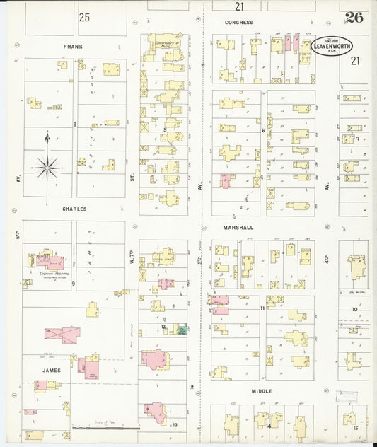 Sanborn Fire Insurance Map from Leavenworth, Leavenworth County, Kansas (1897), Sheet #0027 - Historic Sanborn Fire Insurance Map Print, vintage old map wall art, antique decor, genealogy gift, Kansas Kansas map