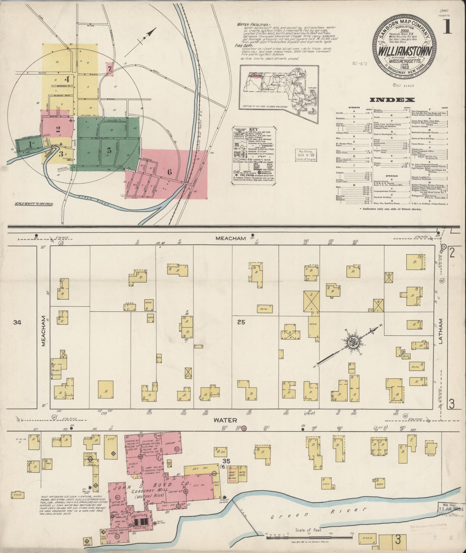 Sanborn Fire Insurance Map from Williamstown, Berkshire County, Massachusetts (1922), Sheet #0001 - Complete Map Set gallery image, historic Sanborn map, vintage wall art, Massachusetts Massachusetts