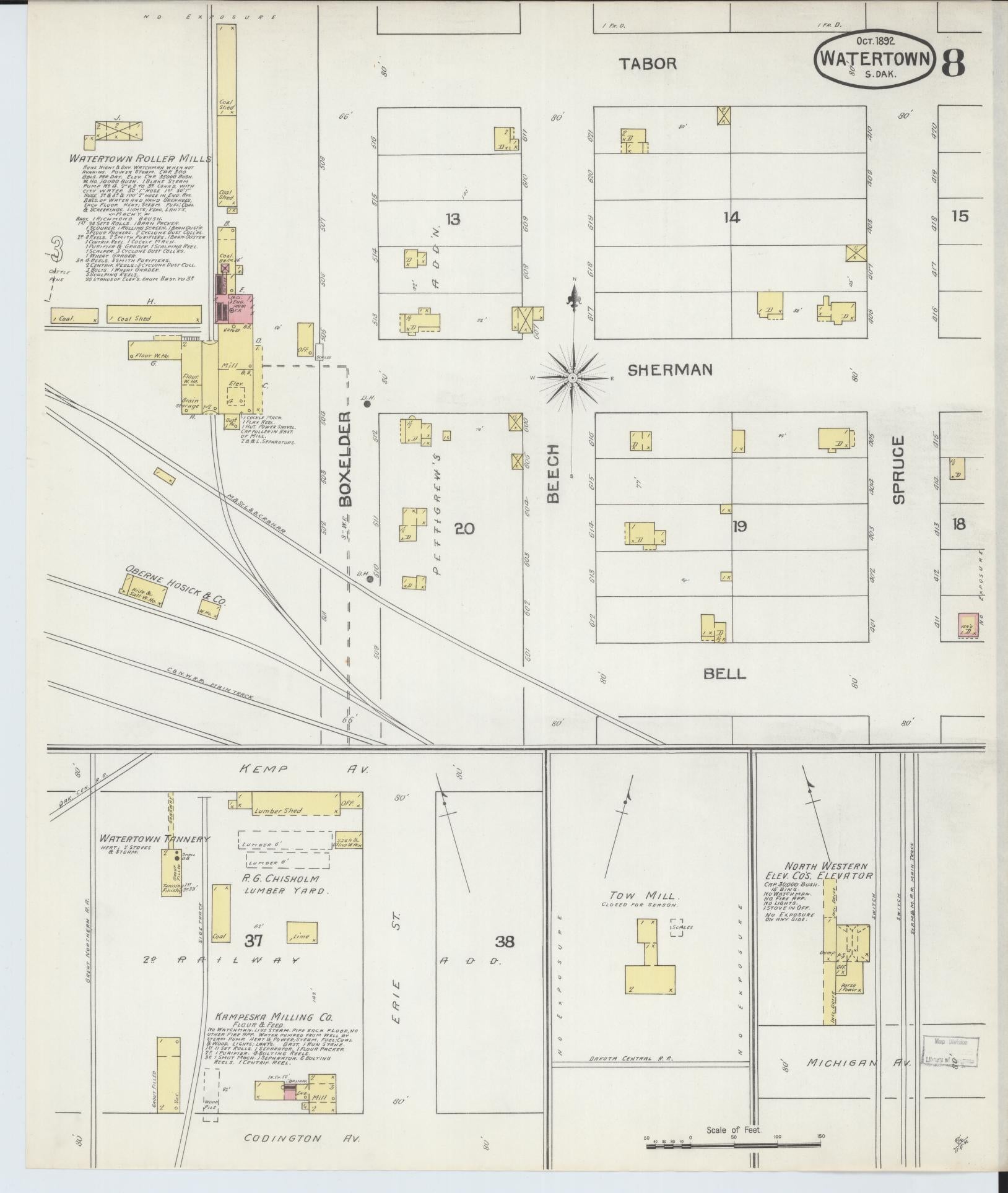 Sanborn Fire Insurance Map from Watertown, Codington County, South Dakota (1892), Sheet #0008 - Historic Sanborn Fire Insurance Map Print, vintage old map wall art, antique decor, genealogy gift, South Dakota South Dakota map