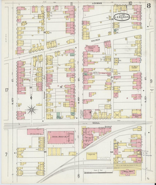 Sanborn Fire Insurance Map from Lebanon, Lebanon County, Pennsylvania (1896), Sheet #0008 - Historic Sanborn Fire Insurance Map Print, vintage old map wall art, antique decor, genealogy gift, Pennsylvania Pennsylvania map