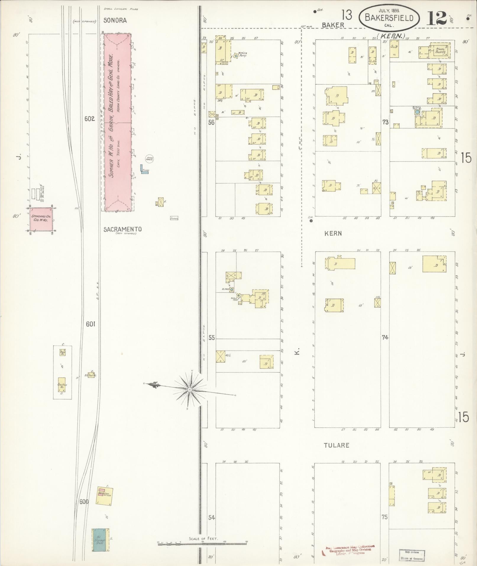 Sanborn Fire Insurance Map from Bakersfield, Kern County, California (1899), Sheet #0012 - Historic Sanborn Fire Insurance Map Print, vintage old map wall art, antique decor, genealogy gift, California California map