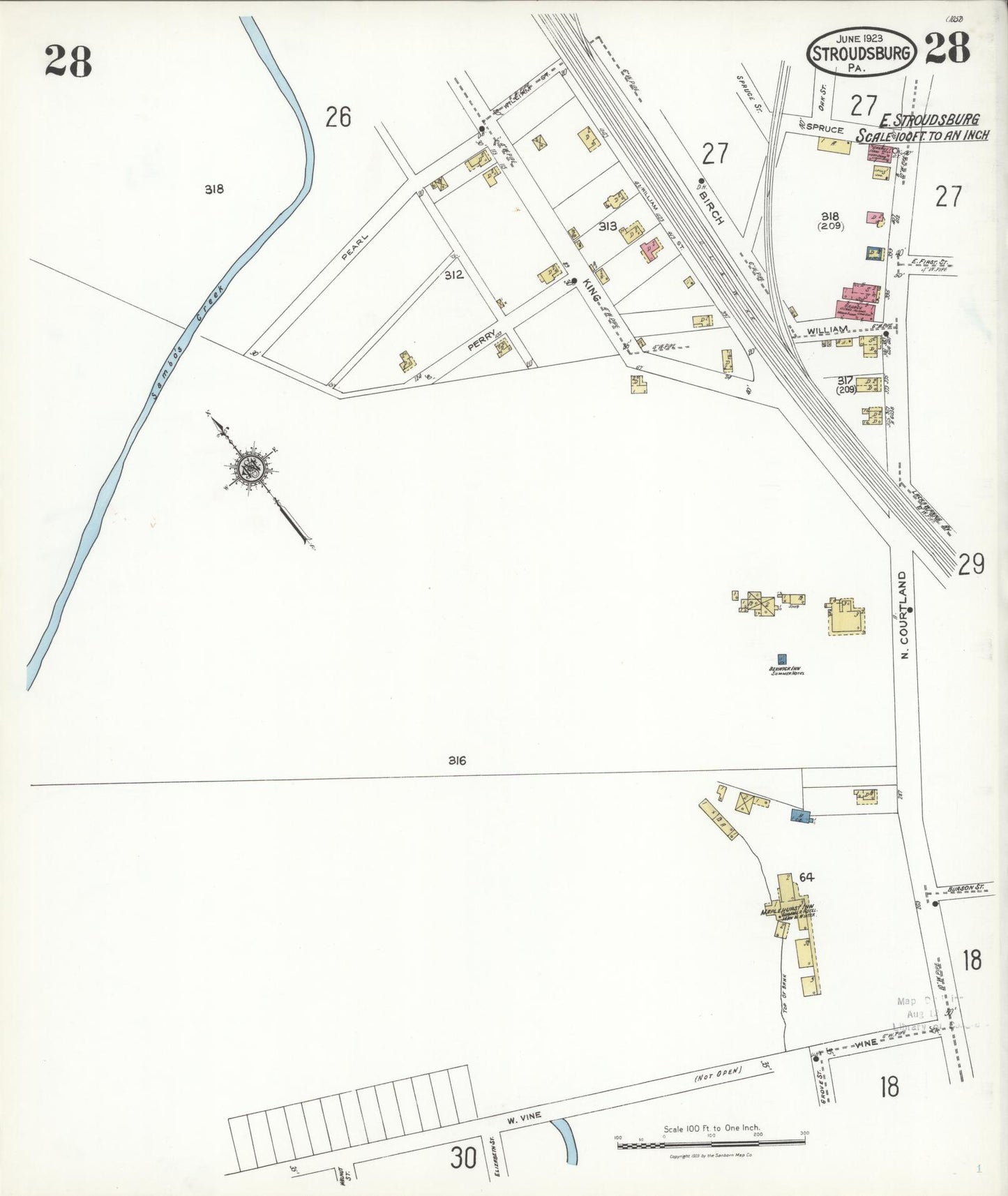 Sanborn Fire Insurance Map from Stroudsburg, Monroe County, Pennsylvania (1923), Sheet #0028 - Historic Sanborn Fire Insurance Map Print, vintage old map wall art, antique decor, genealogy gift, Pennsylvania Pennsylvania map