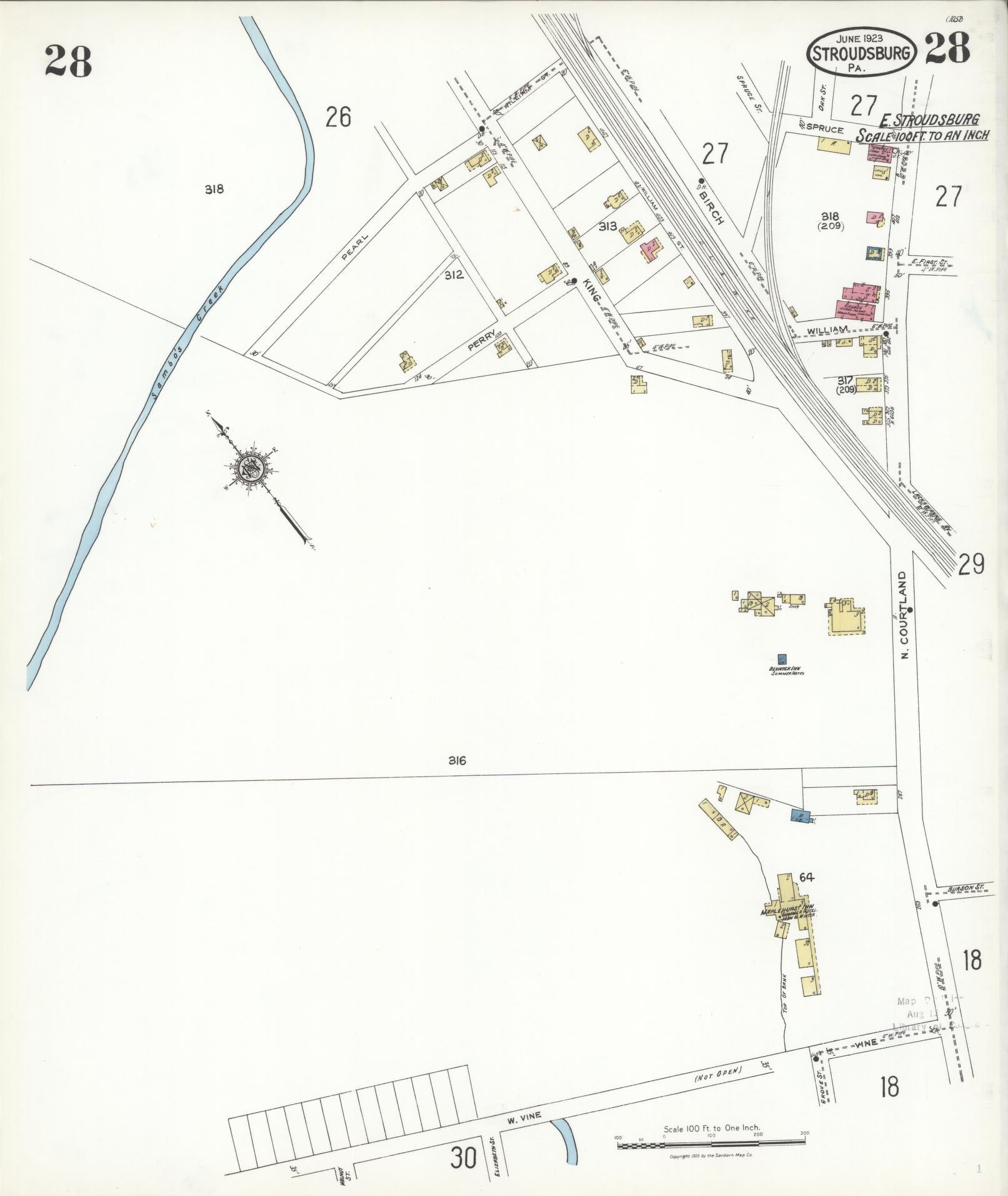 Sanborn Fire Insurance Map from Stroudsburg, Monroe County, Pennsylvania (1923), Sheet #0028 - Historic Sanborn Fire Insurance Map Print, vintage old map wall art, antique decor, genealogy gift, Pennsylvania Pennsylvania map