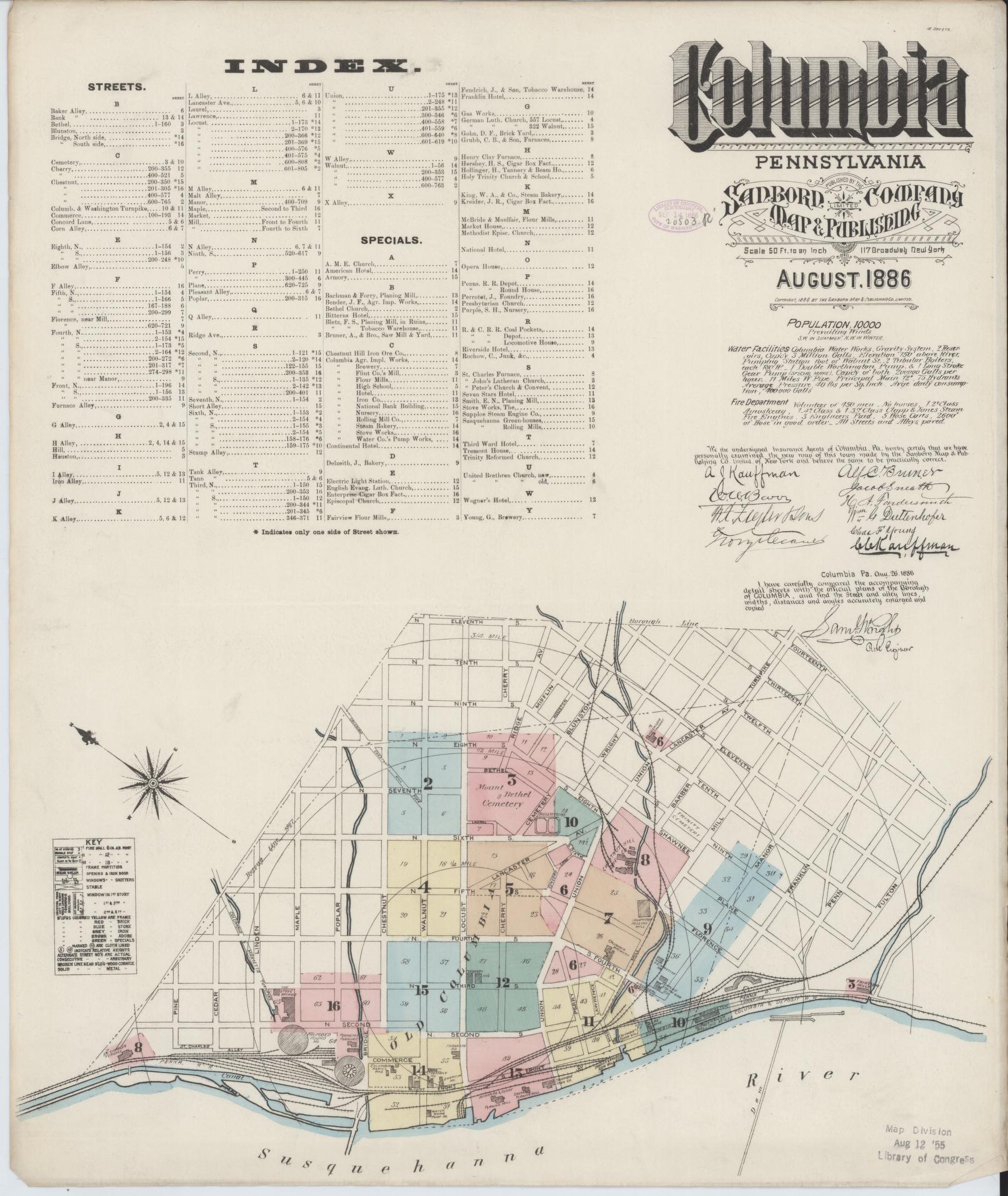 Sanborn Fire Insurance Map from Columbia, Lancaster County, Pennsylvania (1886), Sheet #0001 - Historic Sanborn Fire Insurance Map Print, vintage old map wall art, antique decor, genealogy gift, Pennsylvania Pennsylvania map