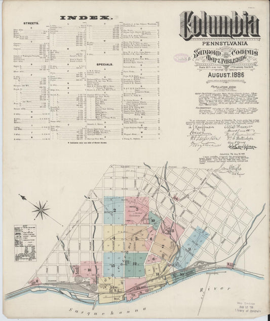 Sanborn Fire Insurance Map from Columbia, Lancaster County, Pennsylvania (1886), Sheet #0001 - Historic Sanborn Fire Insurance Map Print, vintage old map wall art, antique decor, genealogy gift, Pennsylvania Pennsylvania map
