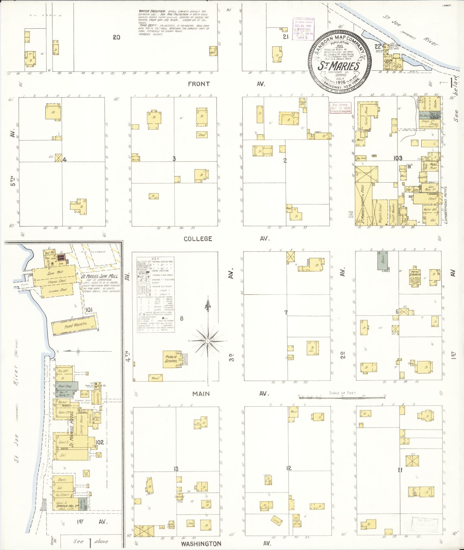 Sanborn Fire Insurance Map from Saint Maries, Benewah County, Idaho (1905), Sheet #0001 - Historic Sanborn Fire Insurance Map Print, vintage old map wall art, antique decor, genealogy gift, Idaho Idaho map