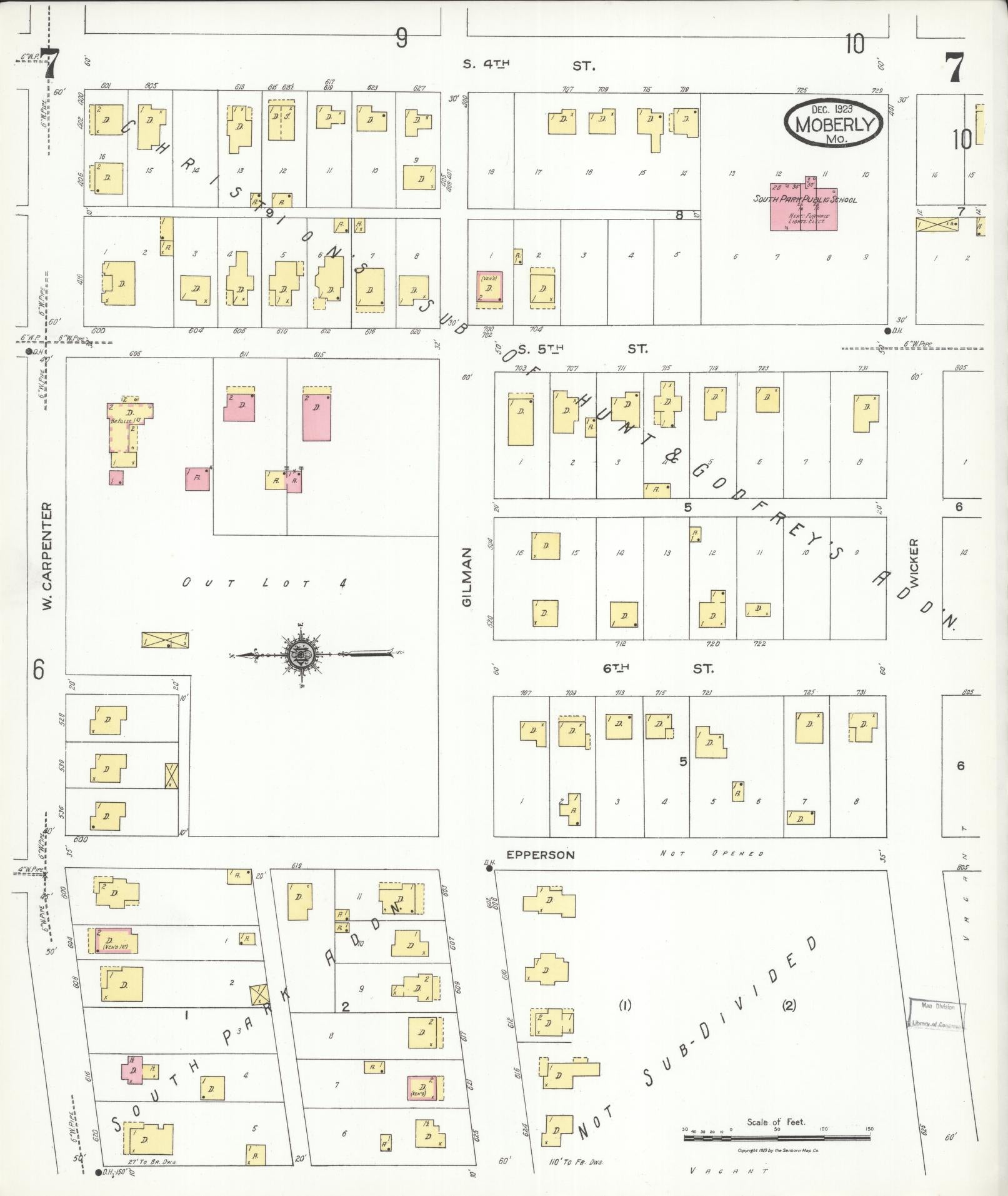 Sanborn Fire Insurance Map from Moberly, Randolph County, Missouri (1923), Sheet #0007 - Historic Sanborn Fire Insurance Map Print, vintage old map wall art, antique decor, genealogy gift, Missouri Missouri map