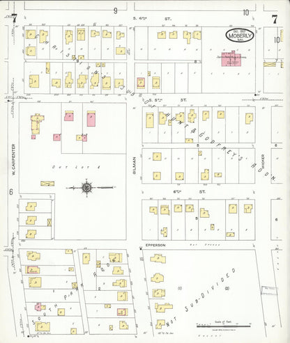 Sanborn Fire Insurance Map from Moberly, Randolph County, Missouri (1923), Sheet #0007 - Historic Sanborn Fire Insurance Map Print, vintage old map wall art, antique decor, genealogy gift, Missouri Missouri map