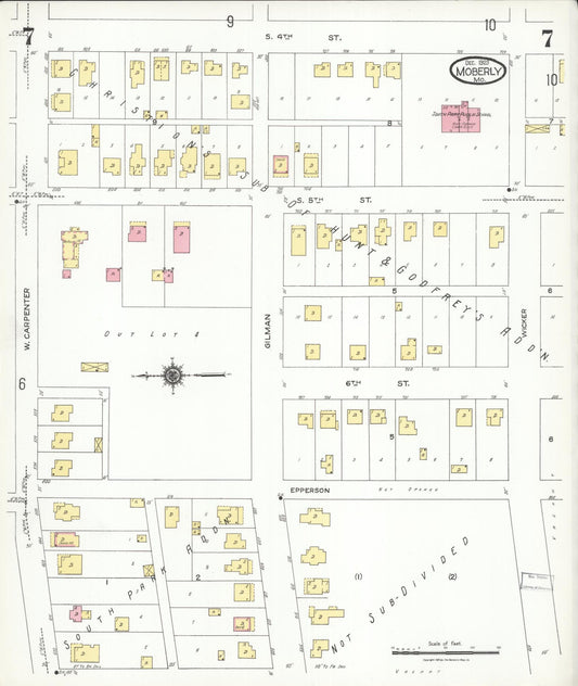 Sanborn Fire Insurance Map from Moberly, Randolph County, Missouri (1923), Sheet #0007 - Historic Sanborn Fire Insurance Map Print, vintage old map wall art, antique decor, genealogy gift, Missouri Missouri map
