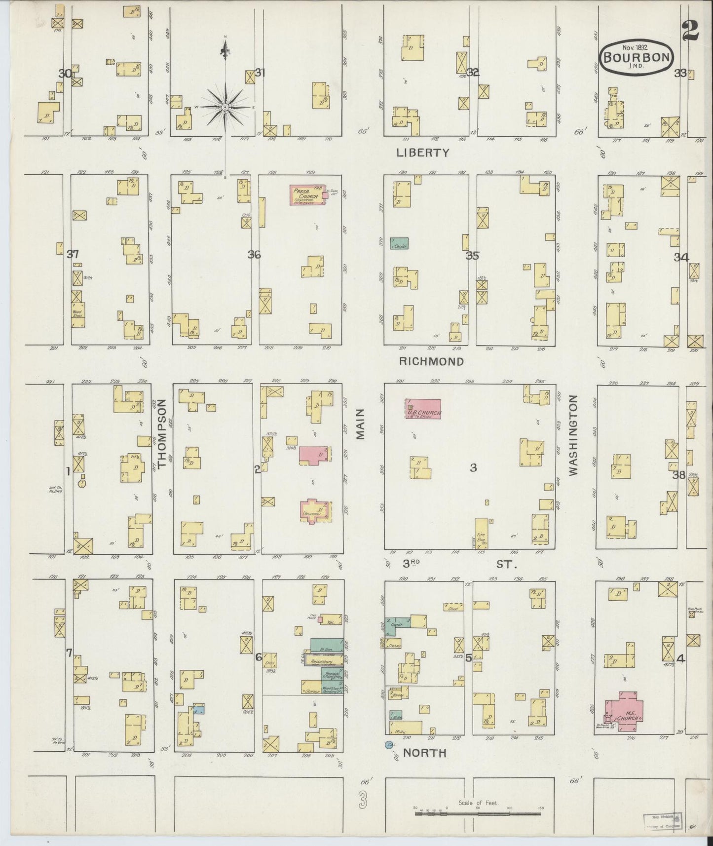 Sanborn Fire Insurance Map from Bourbon, Marshall County, Indiana (1892), Sheet #0002 - Historic Sanborn Fire Insurance Map Print, vintage old map wall art, antique decor, genealogy gift, Indiana Indiana map