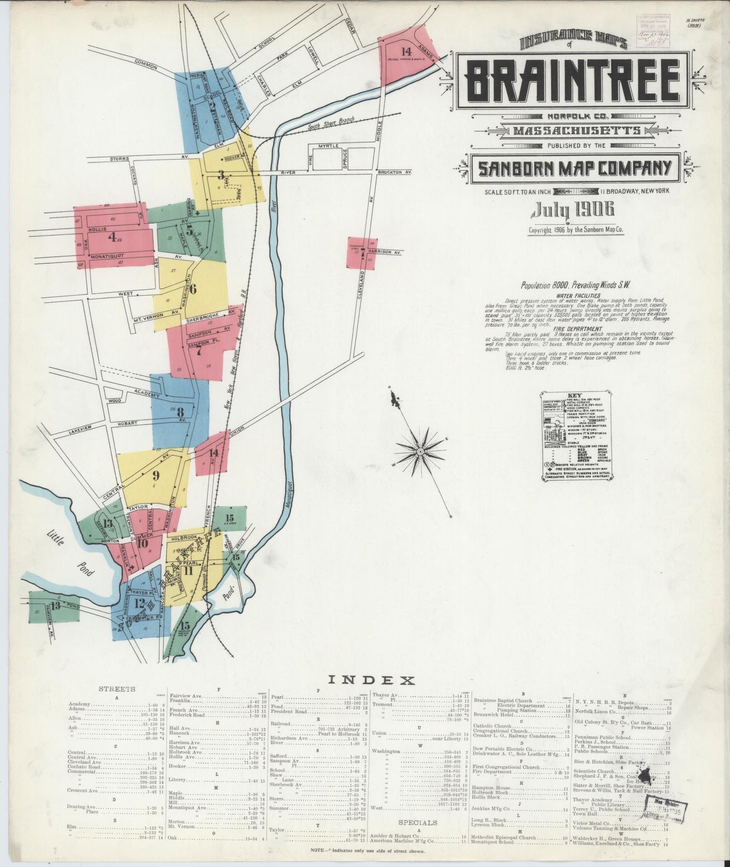 Sanborn Fire Insurance Map from Braintree, Norfolk County, Massachusetts (1906), Sheet #0001 - Complete Map Set gallery image, historic Sanborn map, vintage wall art, Massachusetts Massachusetts