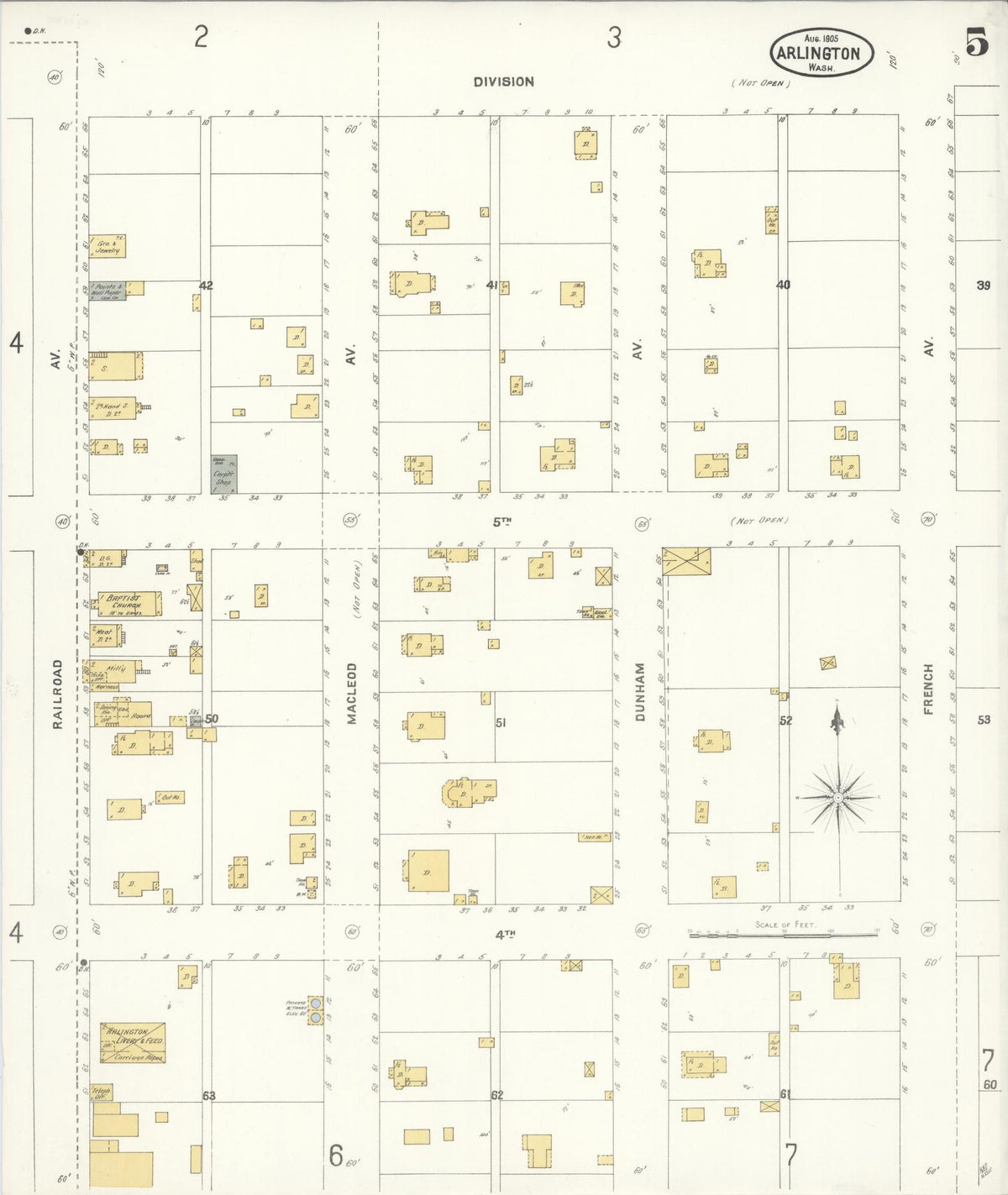Sanborn Fire Insurance Map from Arlington, Snohomish County, Washington (1905), Sheet #0005 - Complete Map Set gallery image, historic Sanborn map, vintage wall art, Washington Washington