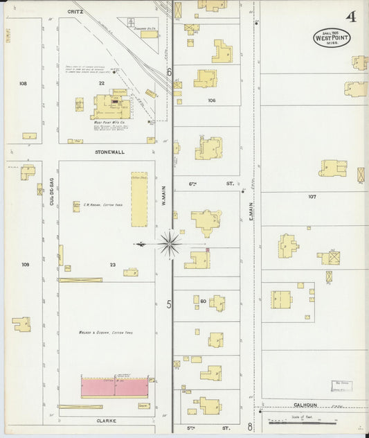 Sanborn Fire Insurance Map from West Point, Clay County, Mississippi (1905), Sheet #0004 - Historic Sanborn Fire Insurance Map Print, vintage old map wall art, antique decor, genealogy gift, Mississippi Mississippi map