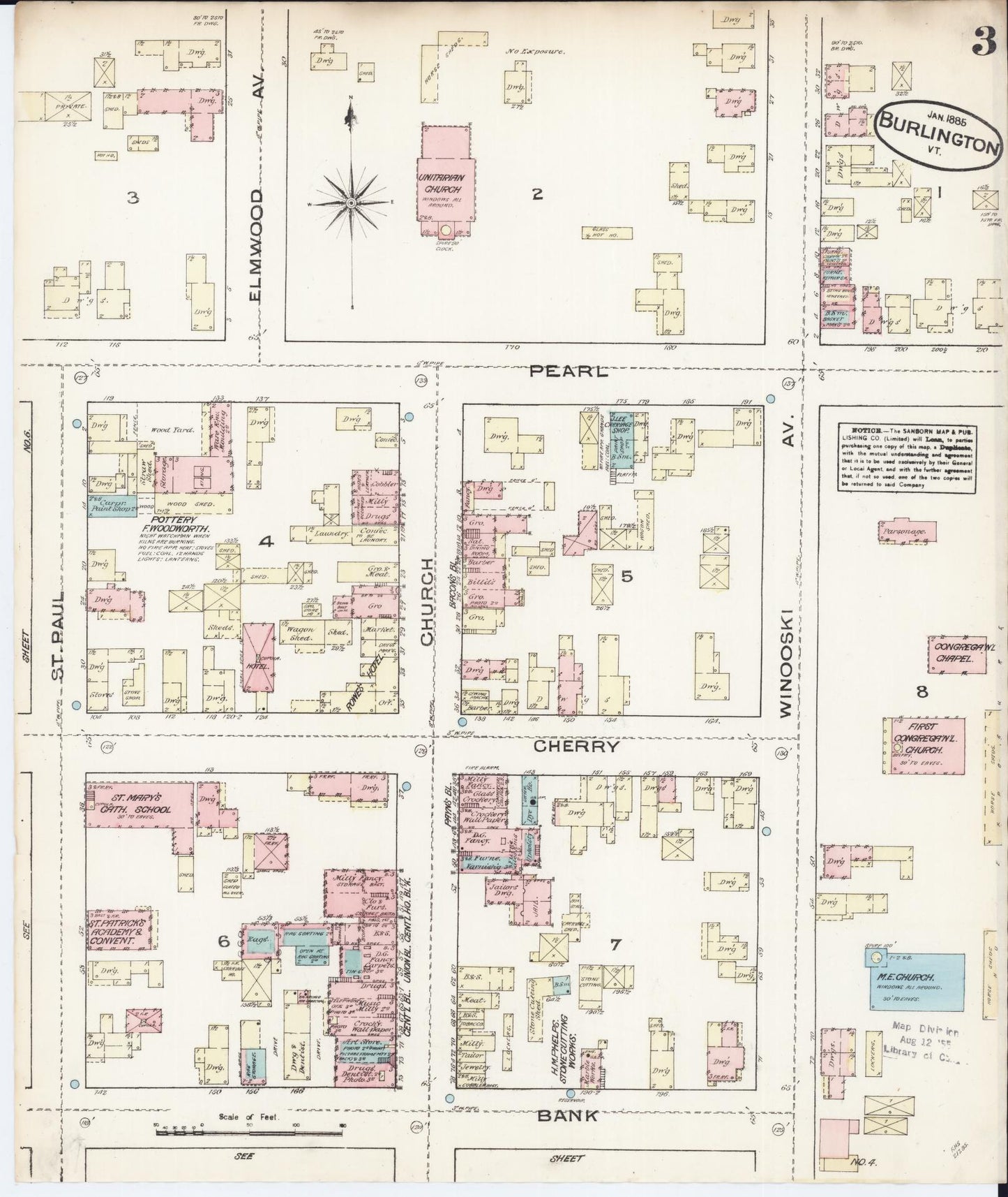 Sanborn Fire Insurance Map from Burlington, Chittenden County, Vermont (1885), Sheet #0003 - Complete Map Set gallery image, historic Sanborn map, vintage wall art, Vermont Vermont