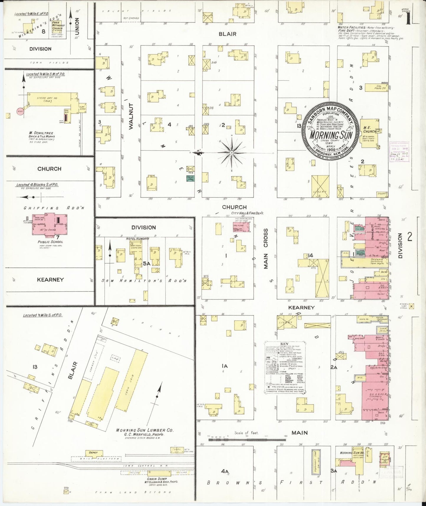 Sanborn Fire Insurance Map from Morning Sun, Louisa County, Iowa (1909), Sheet #0001 - Historic Sanborn Fire Insurance Map Print