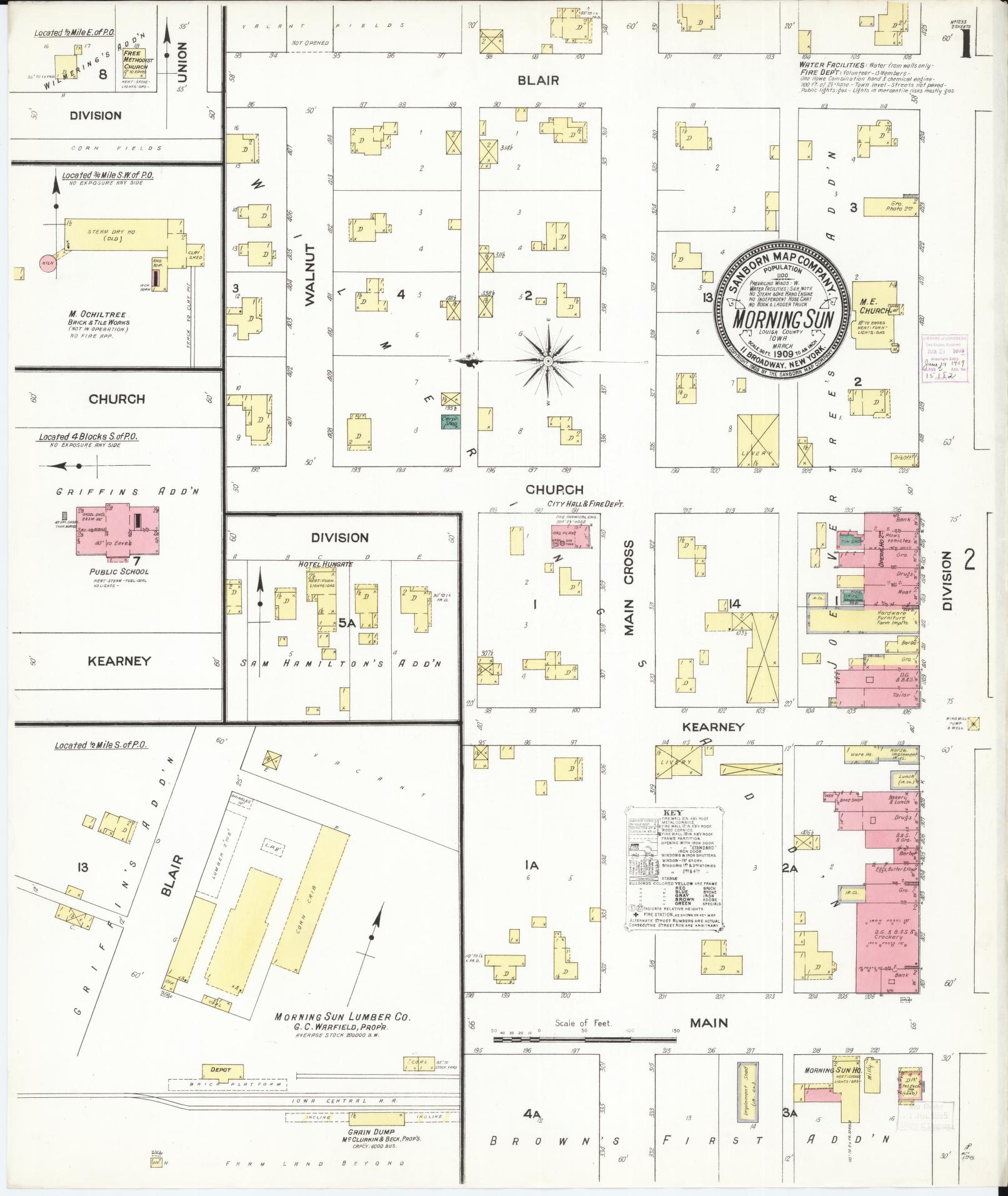 Sanborn Fire Insurance Map from Morning Sun, Louisa County, Iowa (1909), Sheet #0001 - Historic Sanborn Fire Insurance Map Print