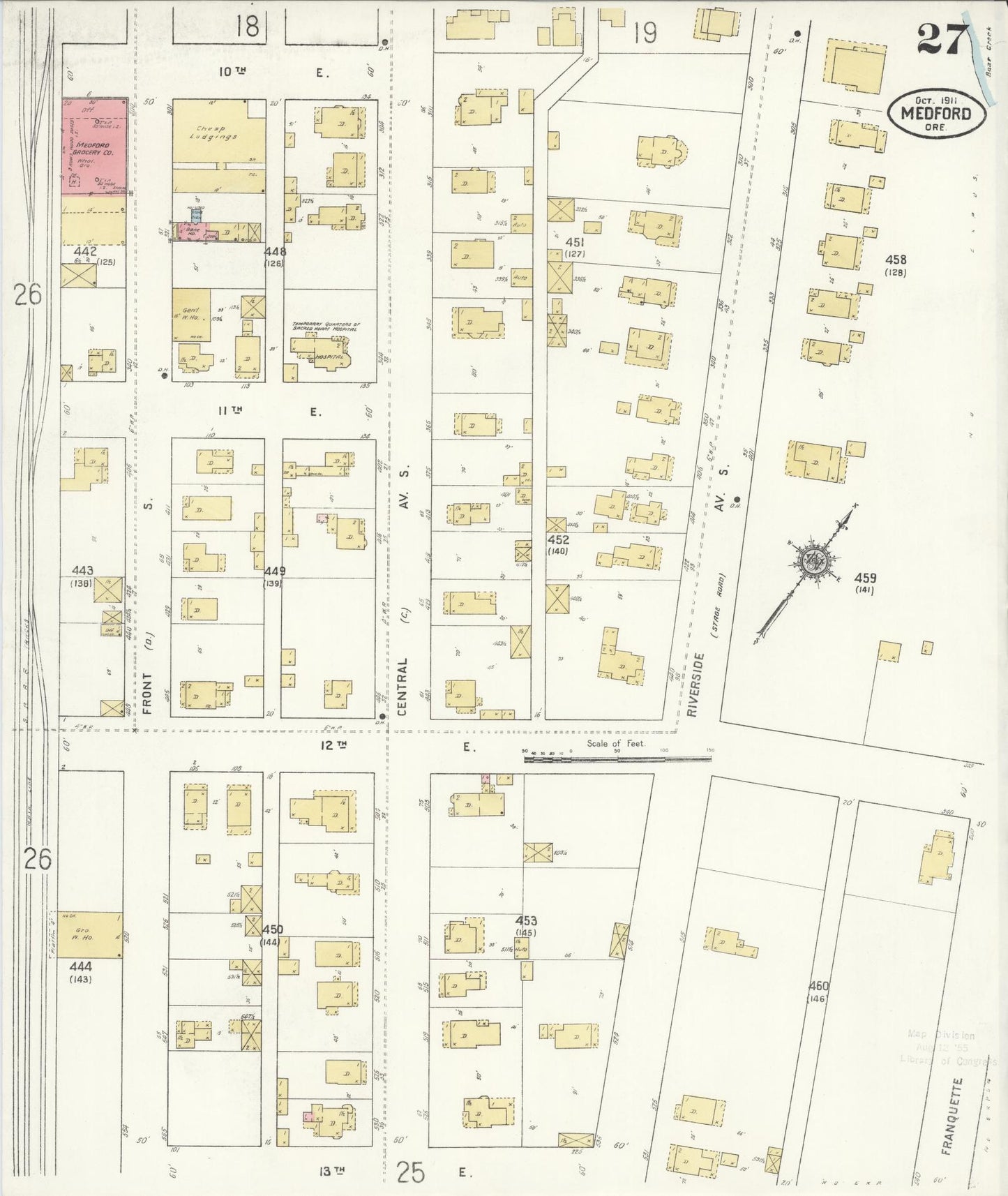 Sanborn Fire Insurance Map from Medford, Jackson County, Oregon (1911), Sheet #0027 - Historic Sanborn Fire Insurance Map Print, vintage old map wall art, antique decor, genealogy gift, Oregon Oregon map