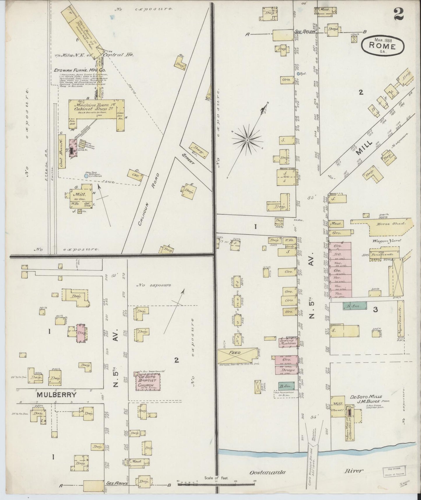 Sanborn Fire Insurance Map from Rome, Floyd County, Georgia (1888), Sheet #0002 - Historic Sanborn Fire Insurance Map Print, vintage old map wall art, antique decor, genealogy gift, Georgia Georgia map