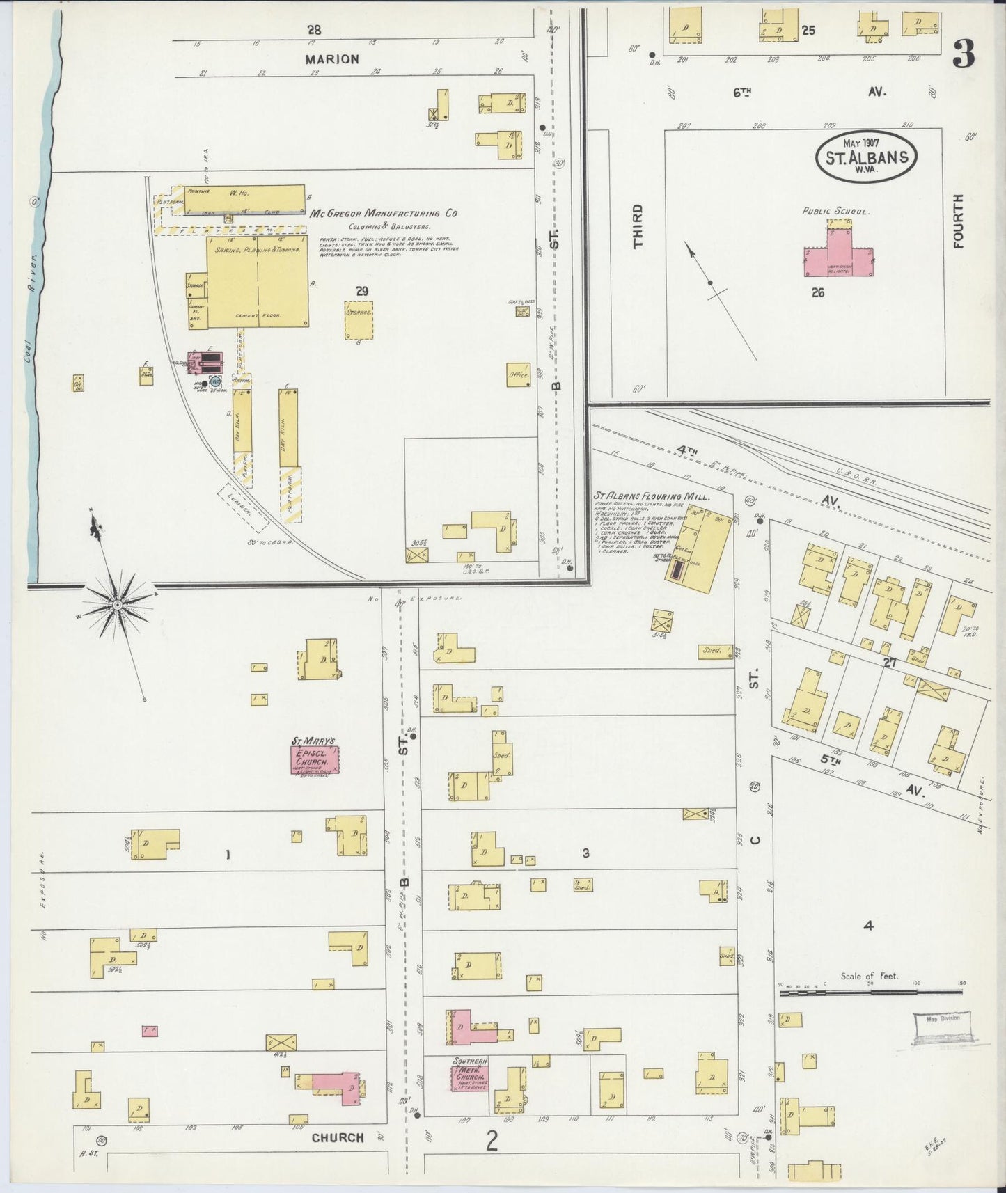 Sanborn Fire Insurance Map from Saint Albans, Kanawha County, West Virginia (1907), Sheet #0003 - Complete Map Set gallery image, historic Sanborn map, vintage wall art, West Virginia West Virginia