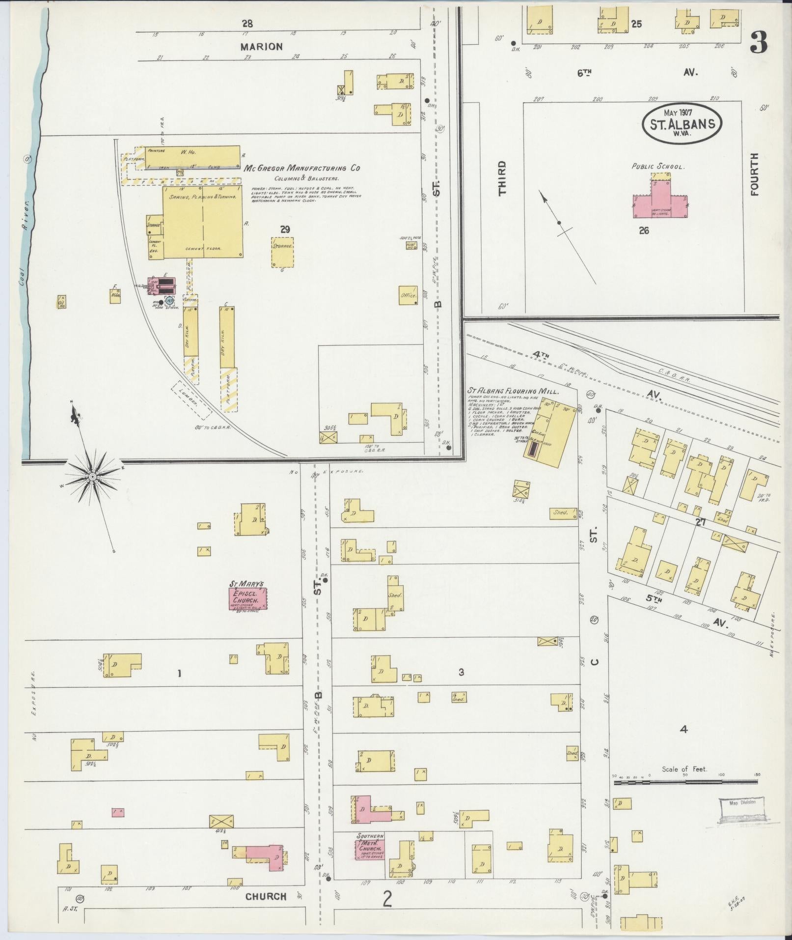 Sanborn Fire Insurance Map from Saint Albans, Kanawha County, West Virginia (1907), Sheet #0003 - Complete Map Set gallery image, historic Sanborn map, vintage wall art, West Virginia West Virginia