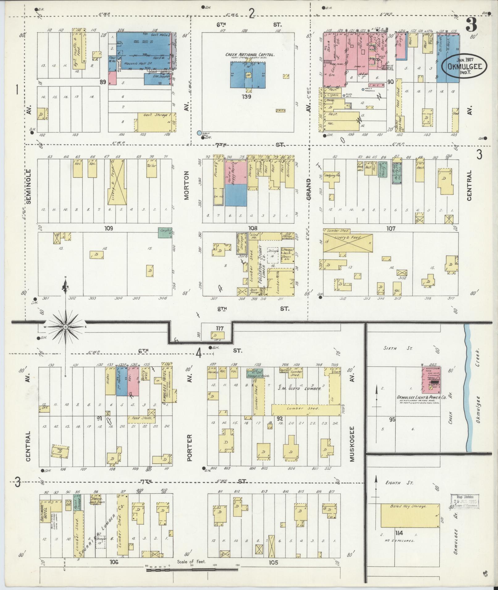 Sanborn Fire Insurance Map from Okmulgee, Okmulgee County, Oklahoma (1907), Sheet #0003 - Historic Sanborn Fire Insurance Map Print, vintage old map wall art, antique decor, genealogy gift, Oklahoma Oklahoma map