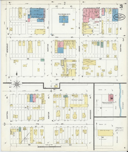 Sanborn Fire Insurance Map from Okmulgee, Okmulgee County, Oklahoma (1907), Sheet #0003 - Historic Sanborn Fire Insurance Map Print, vintage old map wall art, antique decor, genealogy gift, Oklahoma Oklahoma map