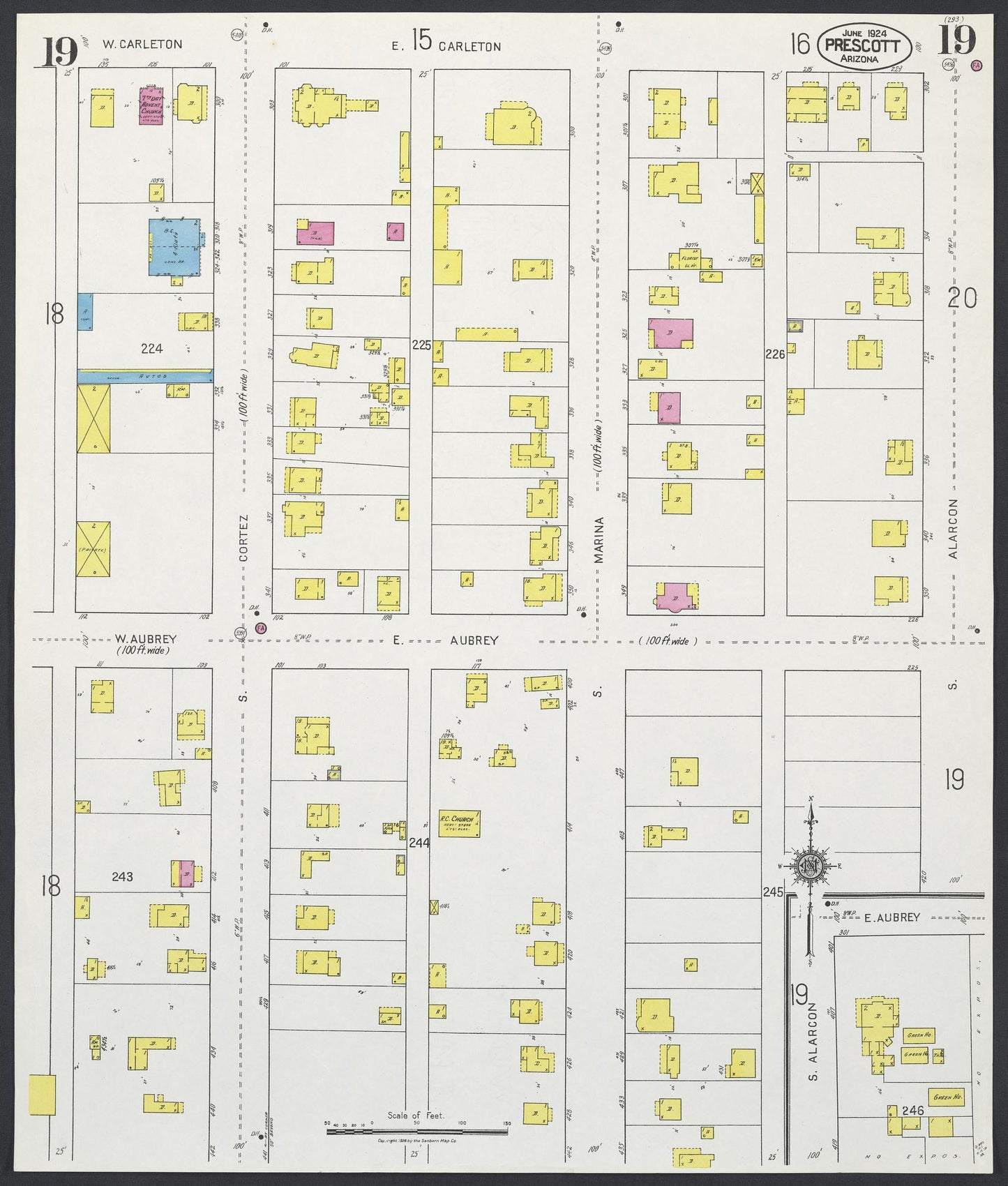 Sanborn Fire Insurance Map from Prescott, Yavapai County, Arizona (1924), Sheet #0019 - Historic Sanborn Fire Insurance Map Print, vintage old map wall art, antique decor, genealogy gift, Arizona Arizona map